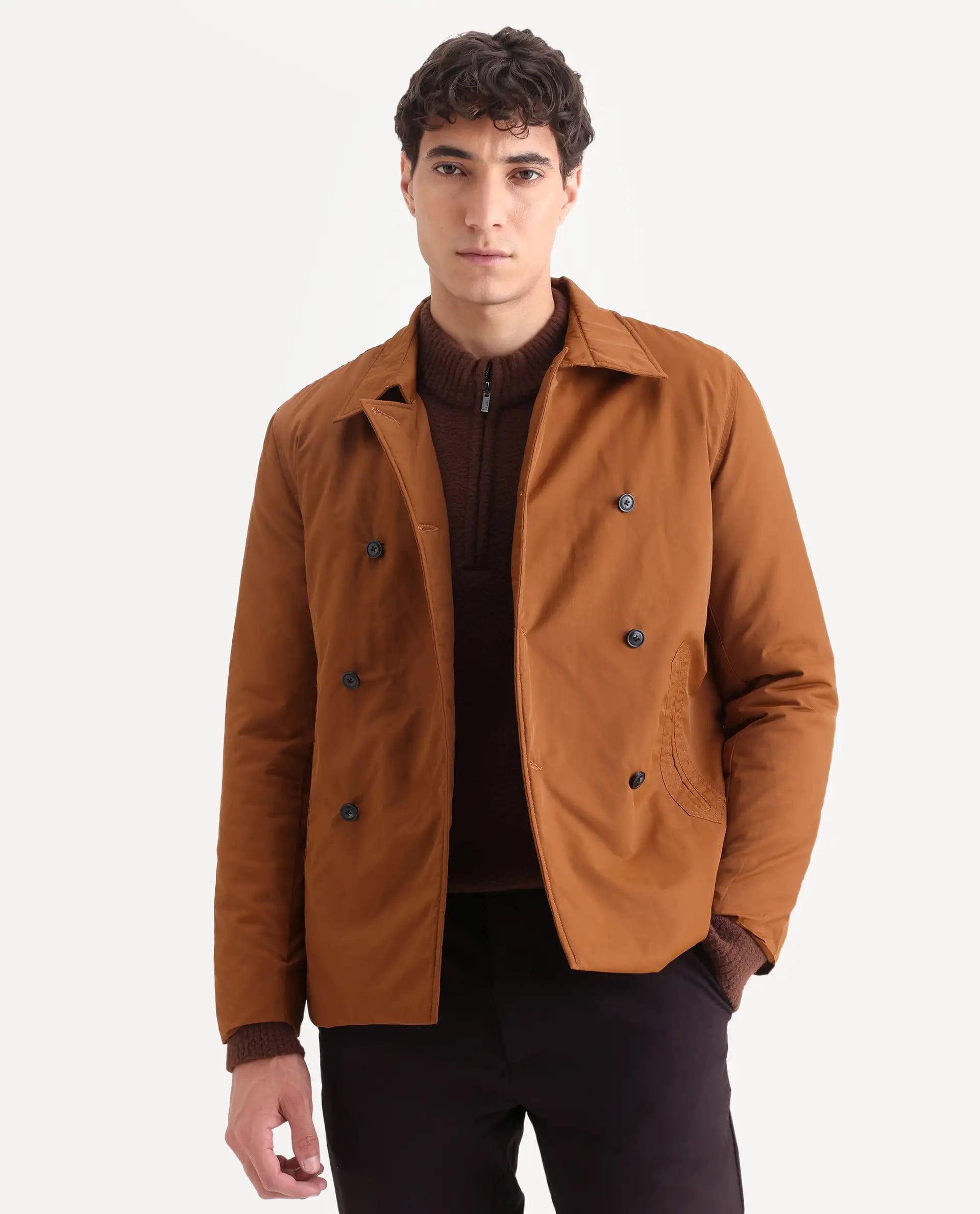 RARE Rabbit Men's Merjon Tan Nylon Plain Tailored Fit Full Sleeve Lapel Neck Jacket