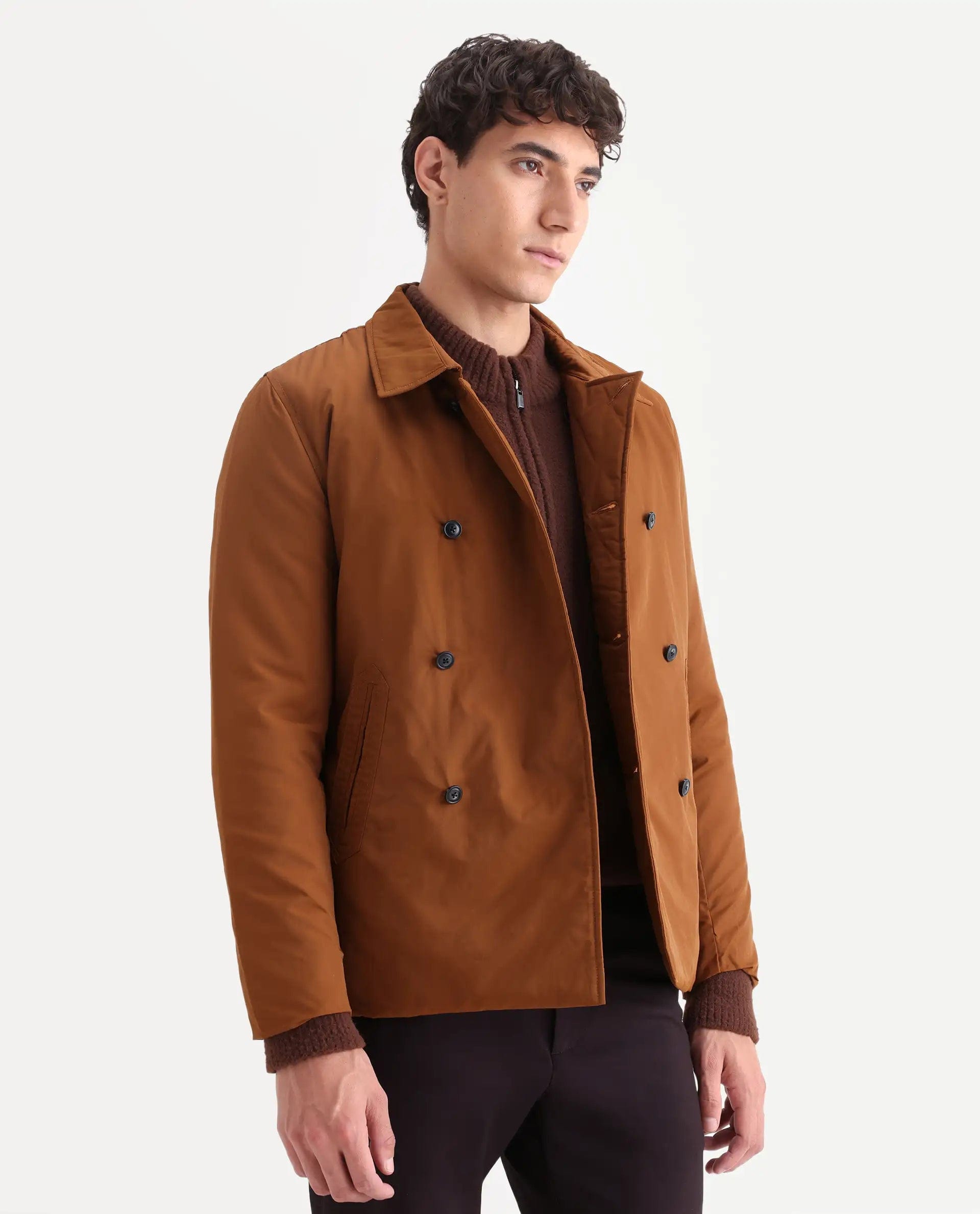 RARE Rabbit Men's Merjon Tan Nylon Plain Tailored Fit Full Sleeve Lapel Neck Jacket