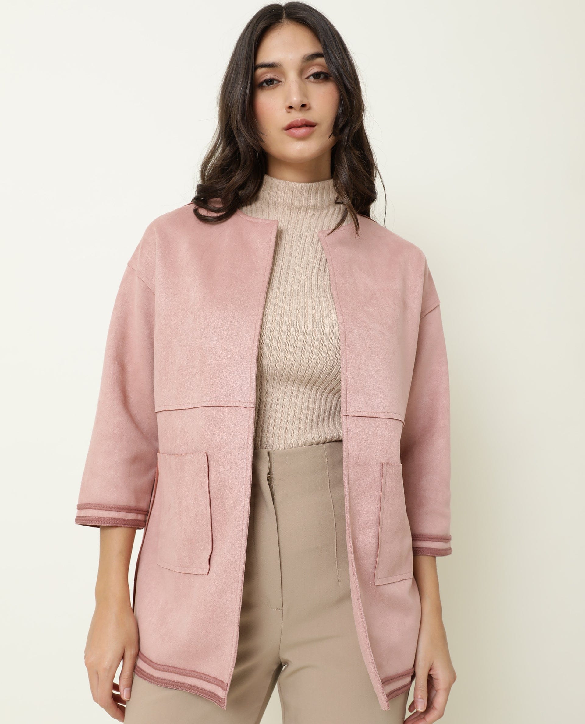 Rareism Women's Square Pink Polyester Boat Neck Plain Regular Fit Jacket