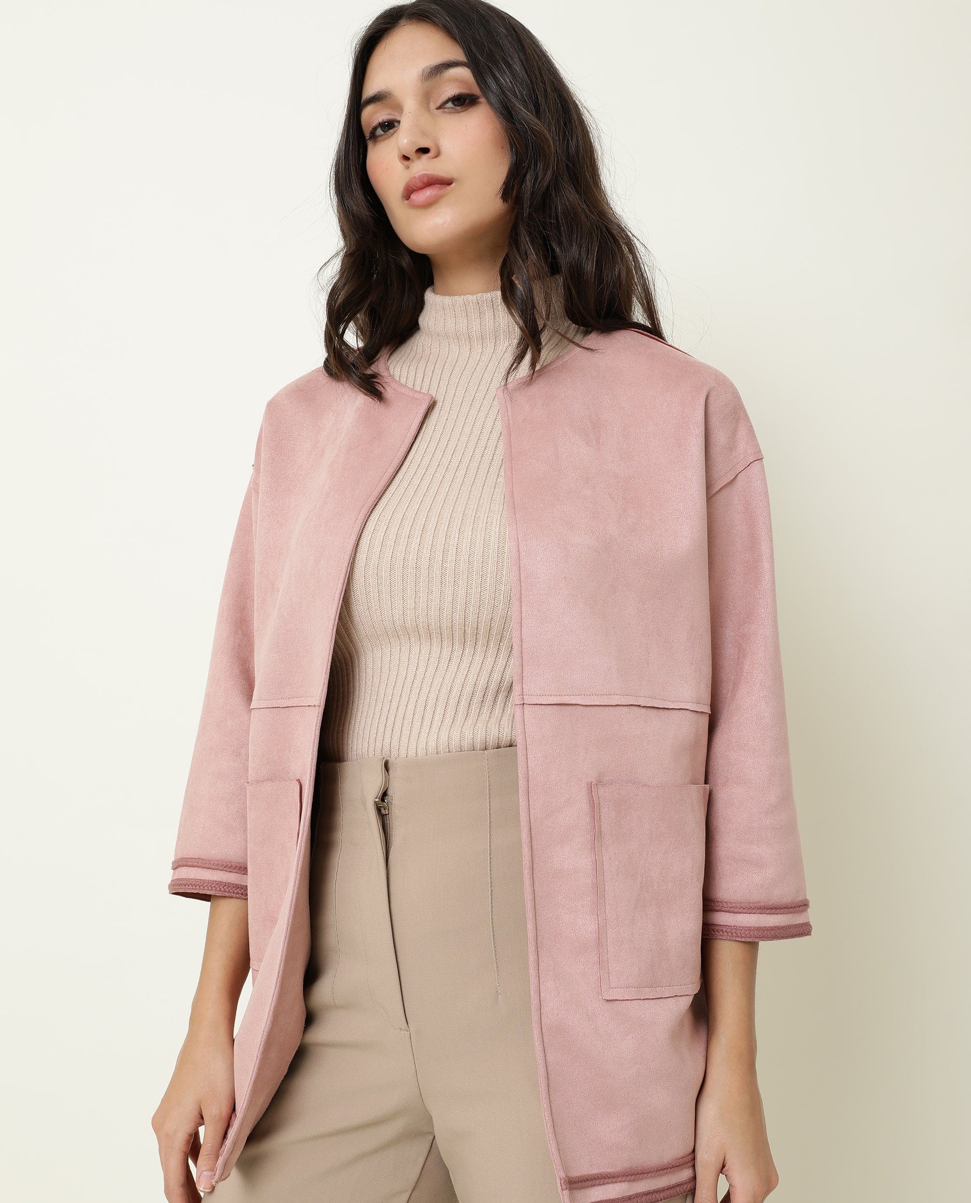 Rareism Women's Square Pink Polyester Boat Neck Plain Regular Fit Jacket