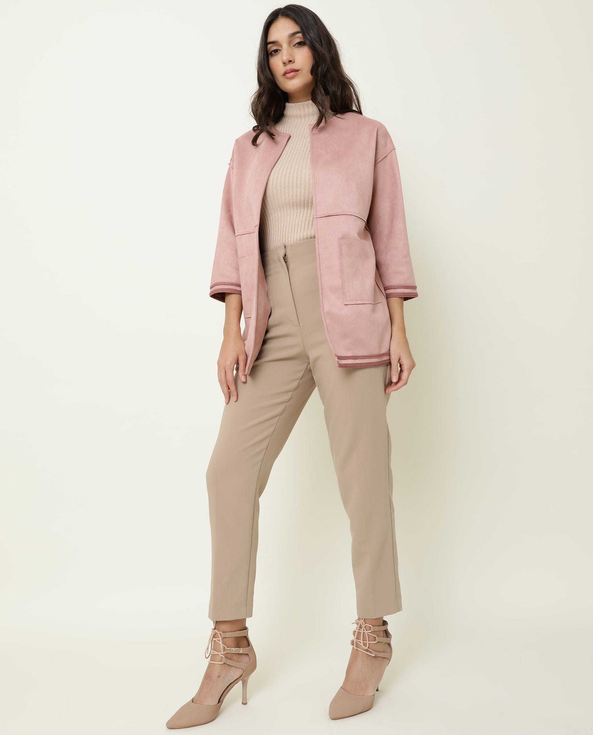 Rareism Women's Square Pink Polyester Boat Neck Plain Regular Fit Jacket
