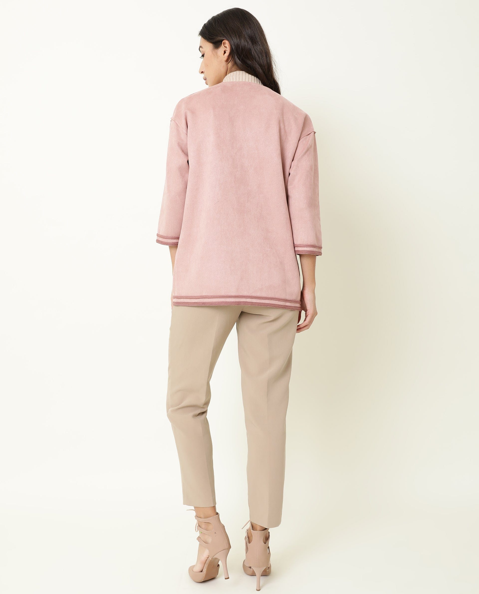 Rareism Women's Square Pink Polyester Boat Neck Plain Regular Fit Jacket