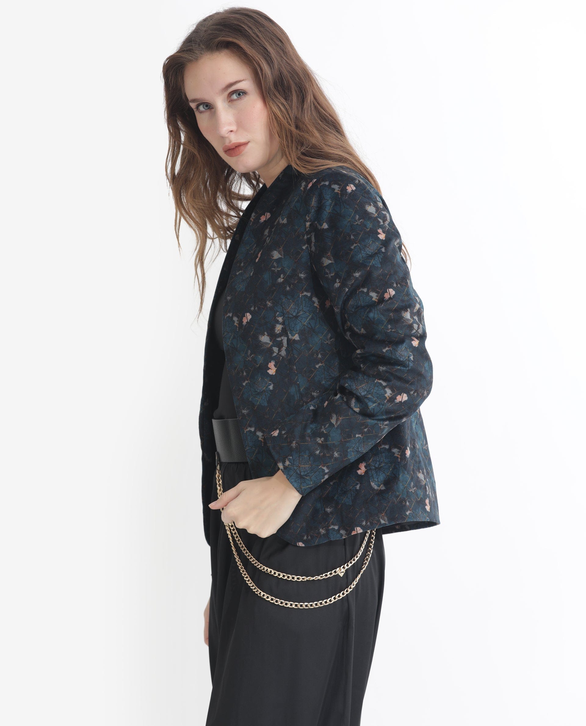 Rareism Women's Pesko Navy Polyester Blend Collarless Paisley Print Regular Fit Shrug