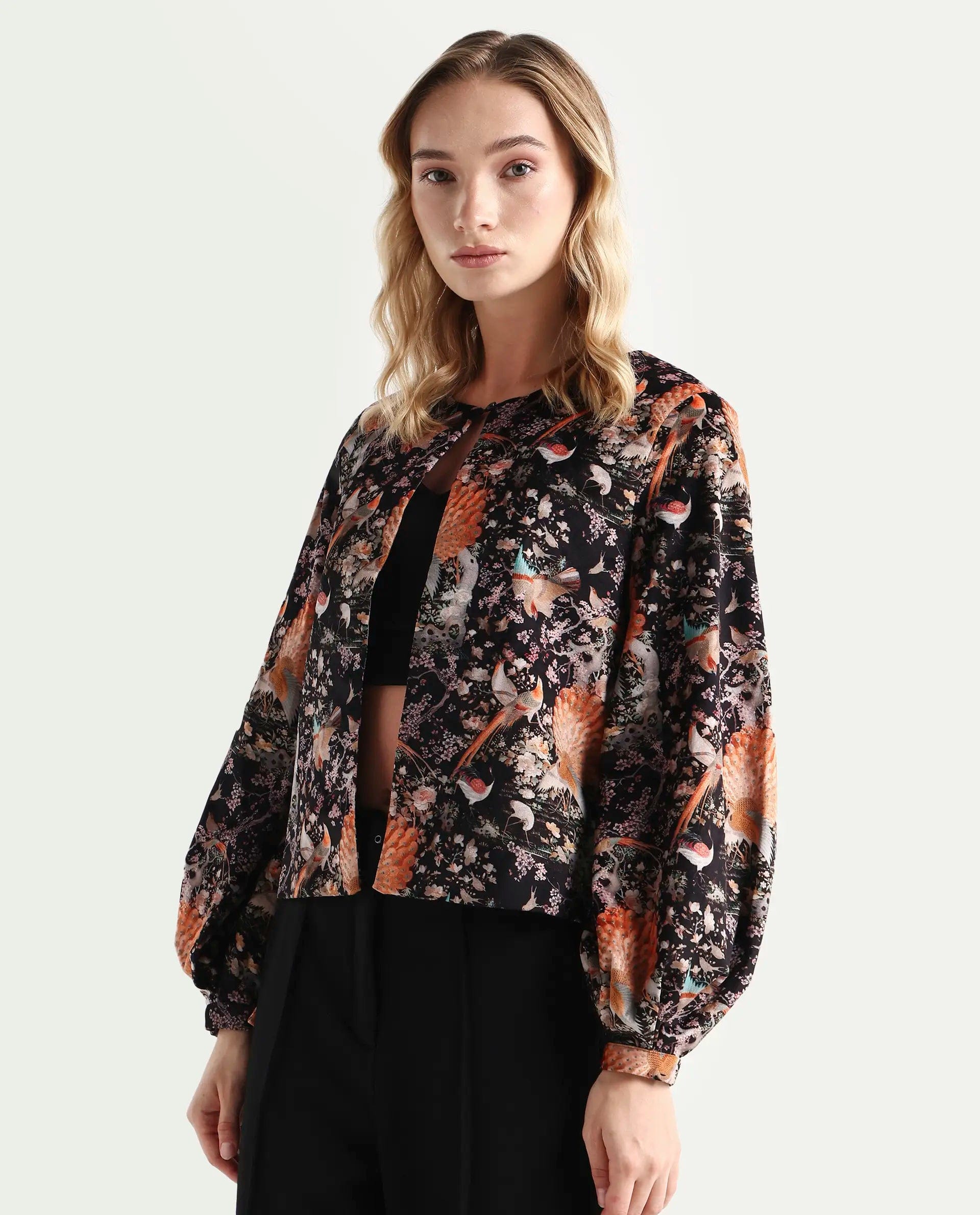 Rareism Women's Zamp Black Polyester Blend Collarless Floral Print Volume Sleeve Regular Fit Shrug