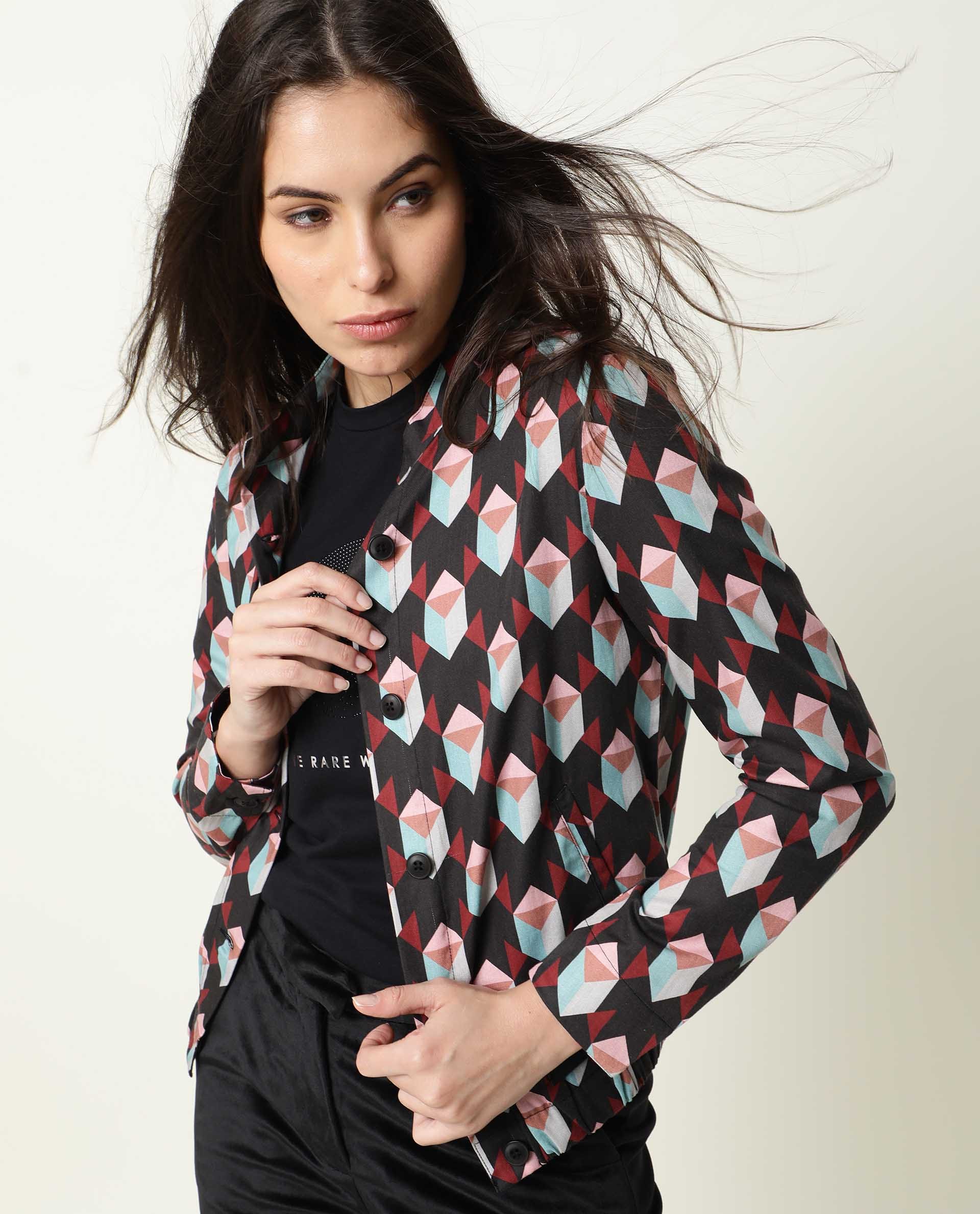 Rareism Womens Knuckle Black Jacket Cotton Fabric Fit Regular Sleeves Mandarin Neck