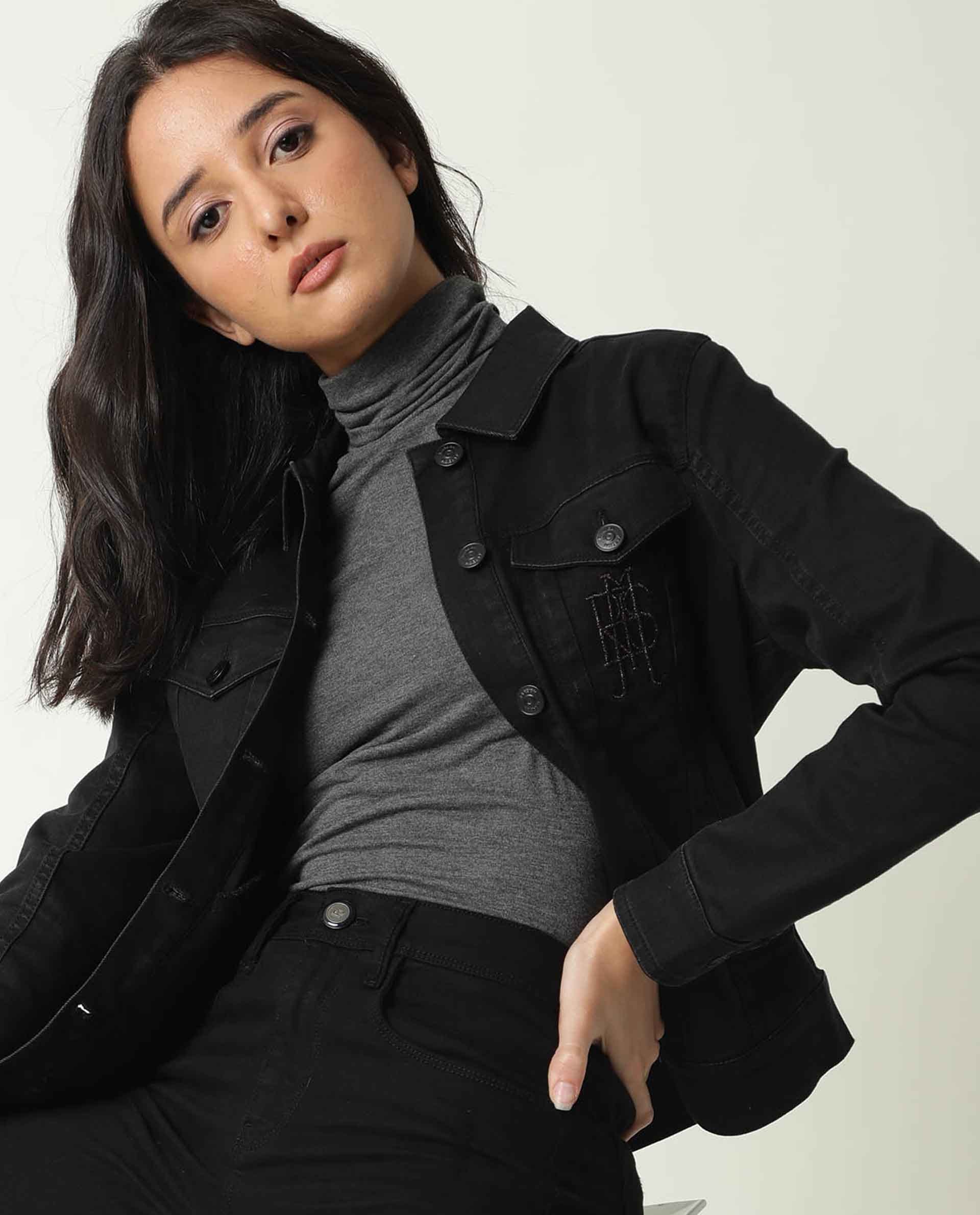 Rareism Women's Misso Black Cotton Blend Spread Collar Plain Regular Fit Jacket