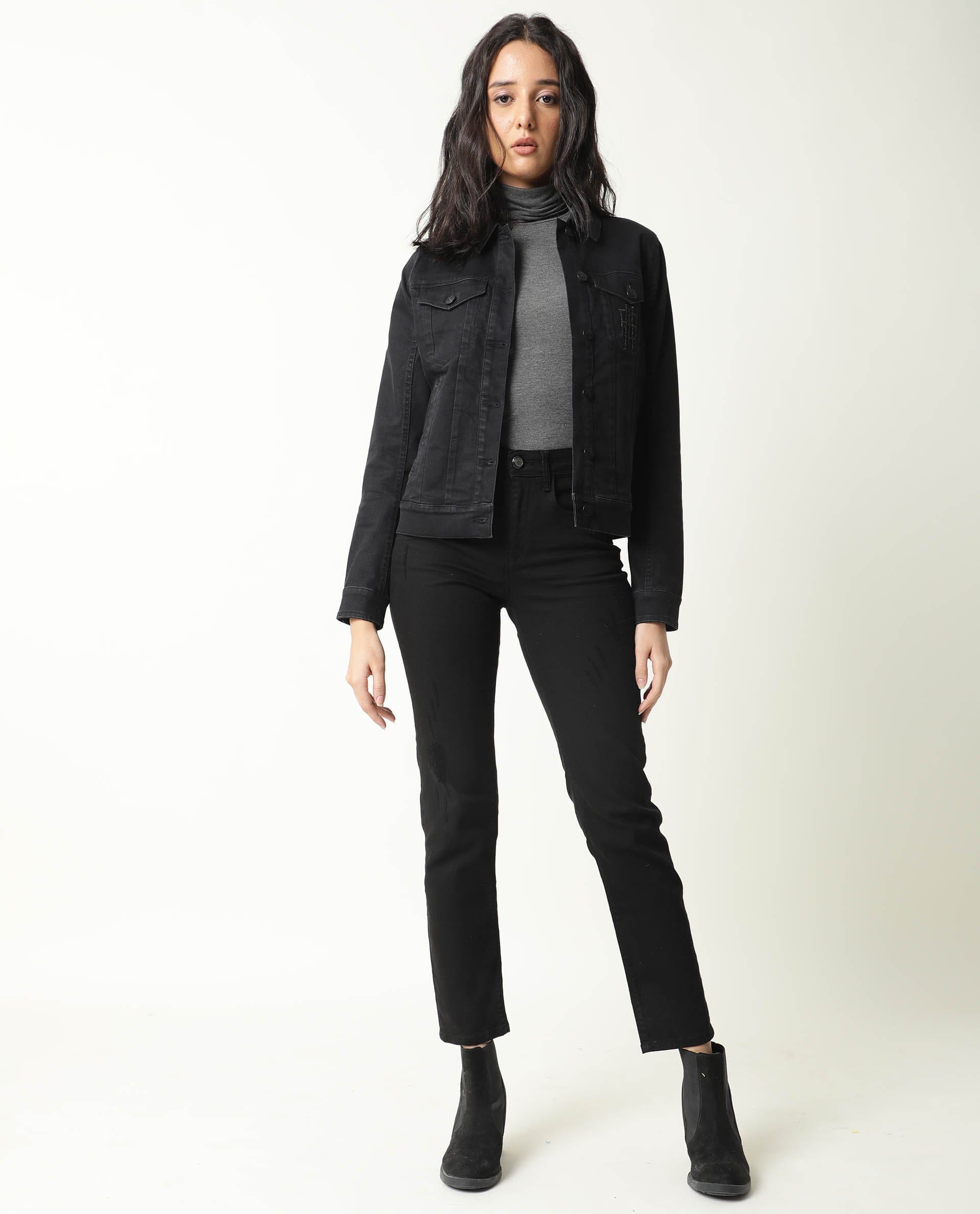 Rareism Women's Misso Black Cotton Blend Spread Collar Plain Regular Fit Jacket
