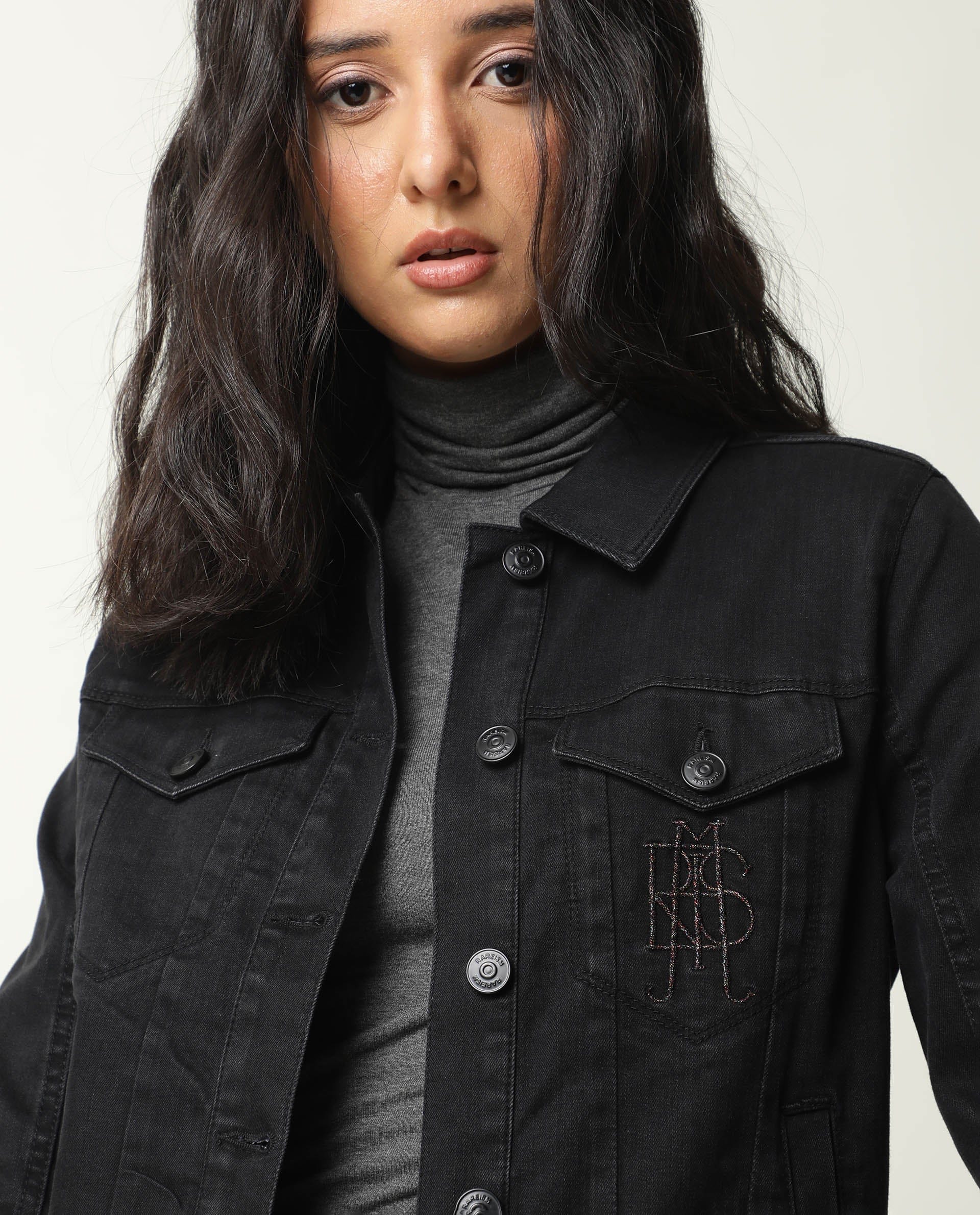 Rareism Women's Misso Black Cotton Blend Spread Collar Plain Regular Fit Jacket