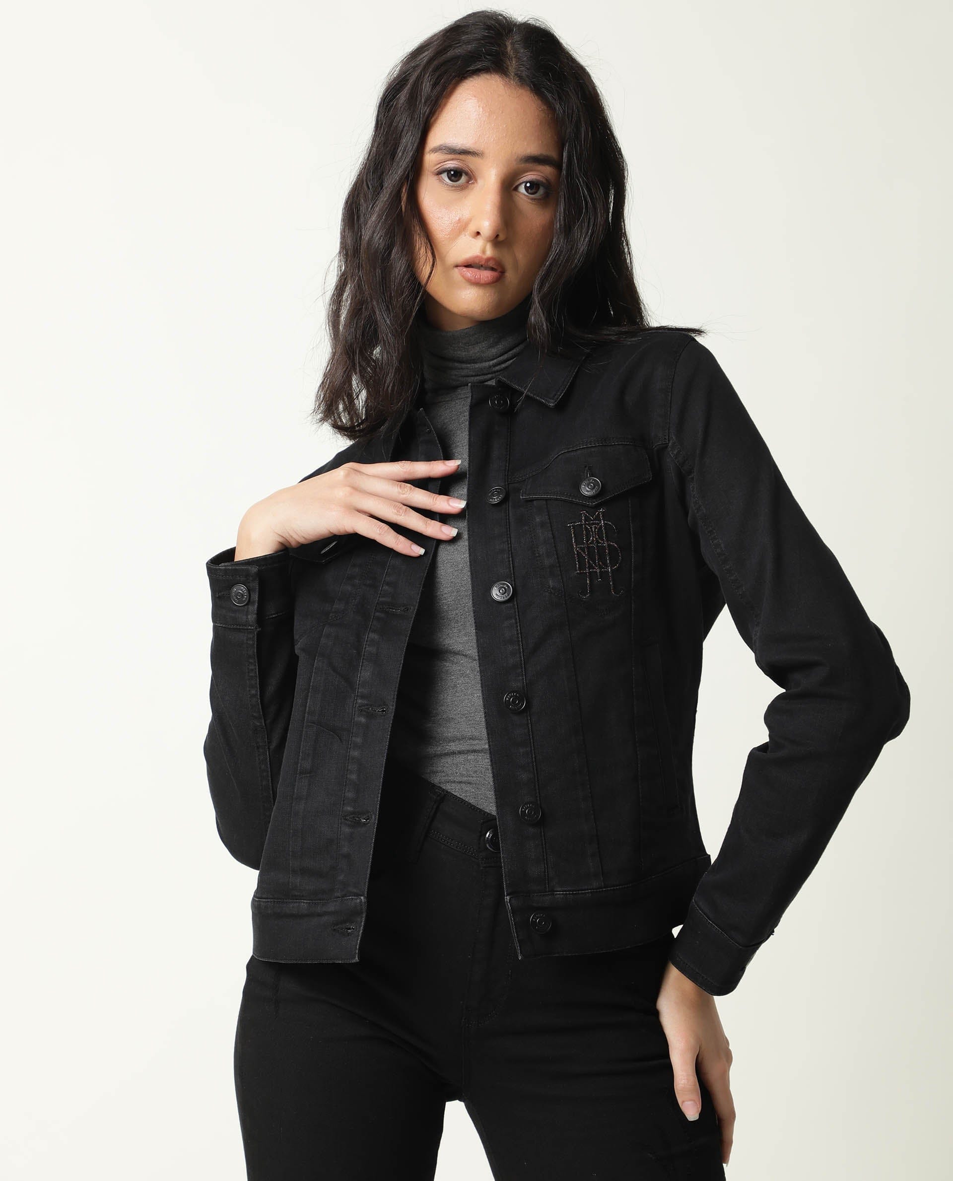 Rareism Women's Misso Black Cotton Blend Spread Collar Plain Regular Fit Jacket