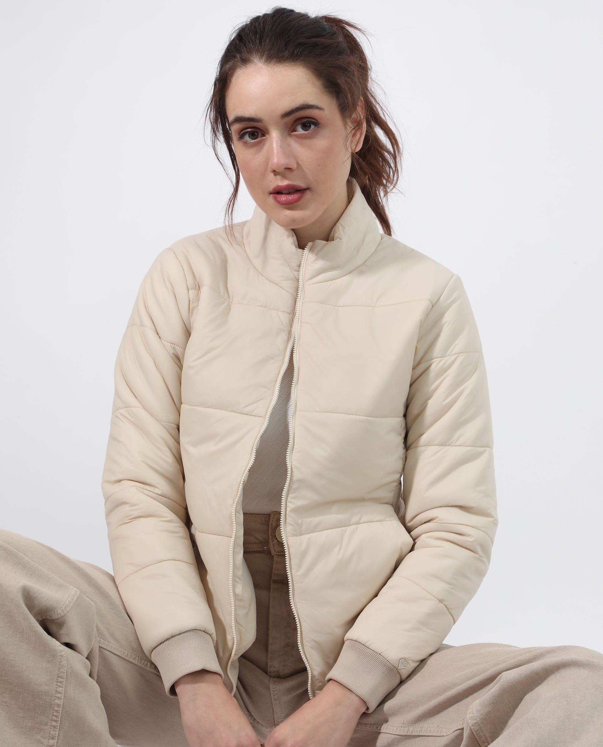 Rareism Women's Glasha Ls Beige Polyester High Neck Plain Regular Fit Jacket