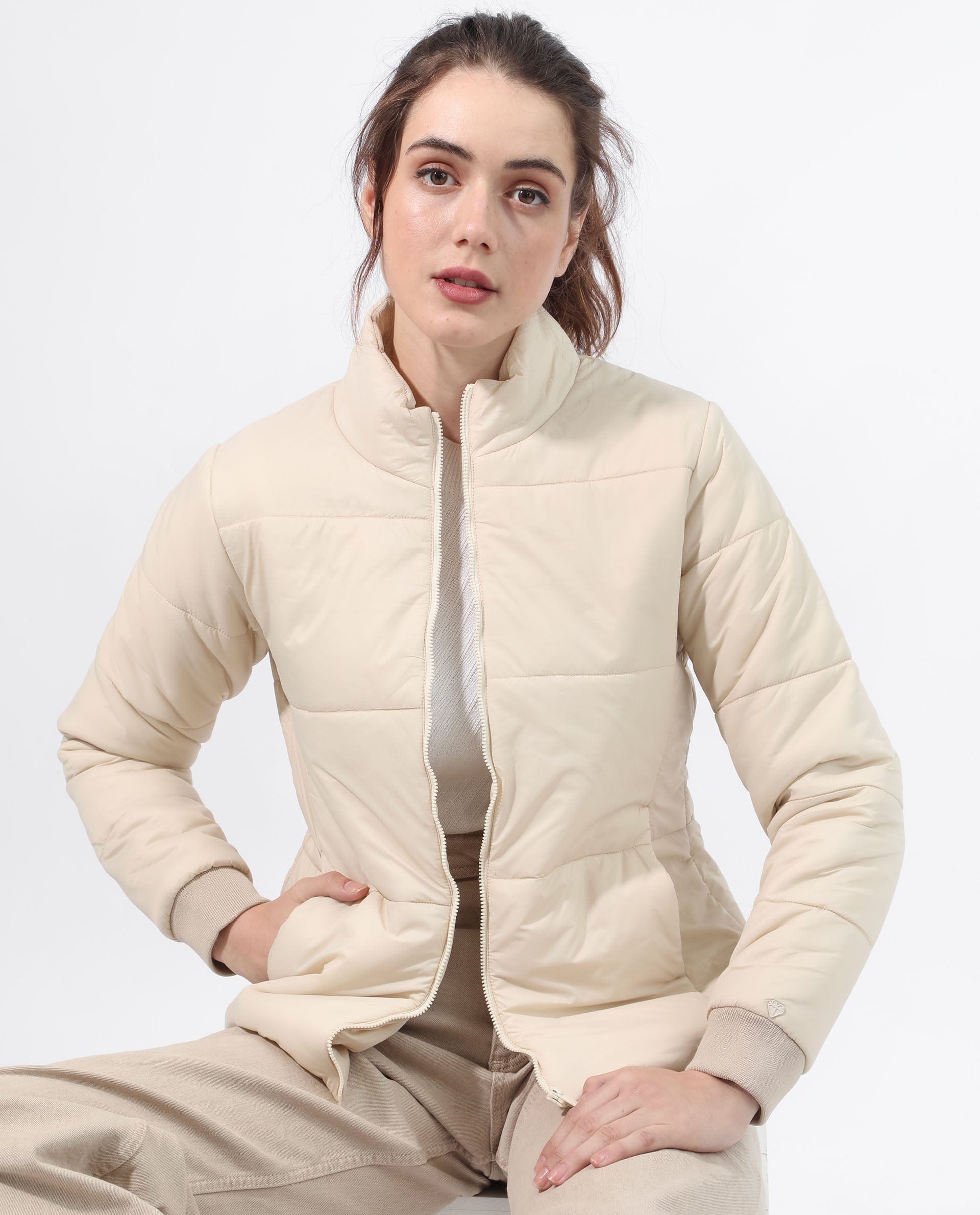 Rareism Women's Glasha Ls Beige Polyester High Neck Plain Regular Fit Jacket
