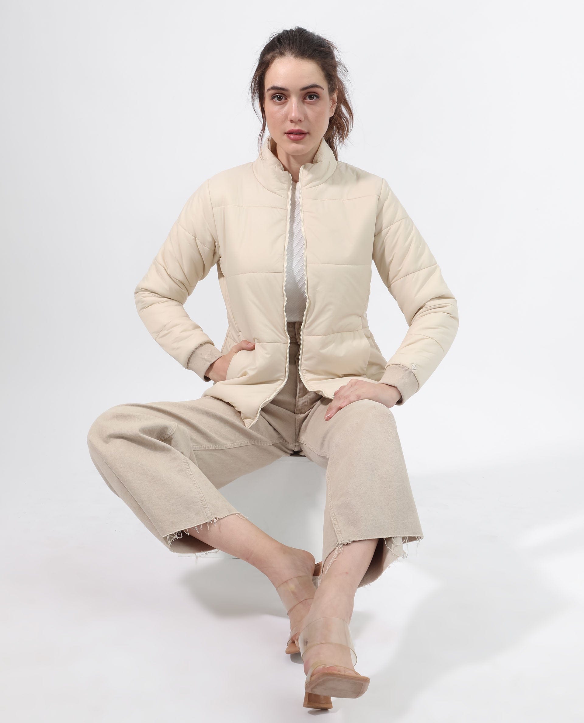 Rareism Women's Glasha Ls Beige Polyester High Neck Plain Regular Fit Jacket
