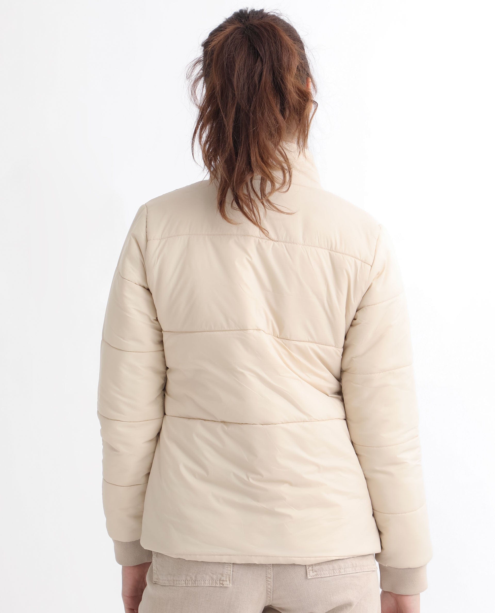 Rareism Women's Glasha Ls Beige Polyester High Neck Plain Regular Fit Jacket