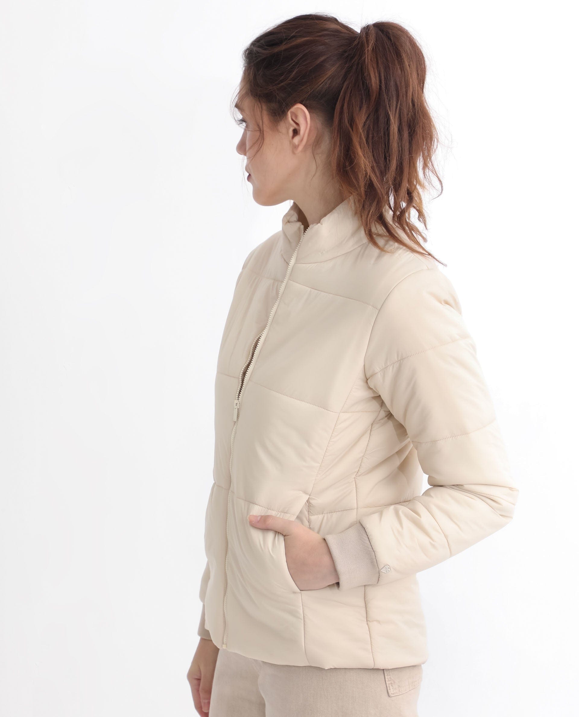 Rareism Women's Glasha Ls Beige Polyester High Neck Plain Regular Fit Jacket