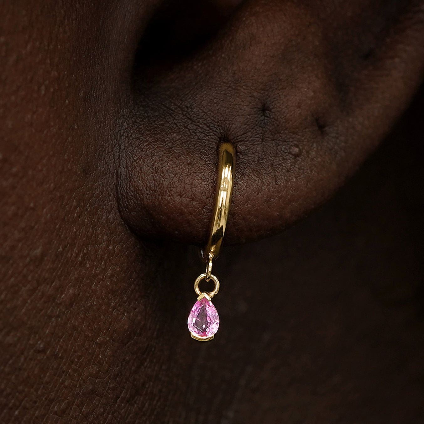Automic Gold Studio Pear Pink Sapphire Dangle Hoop