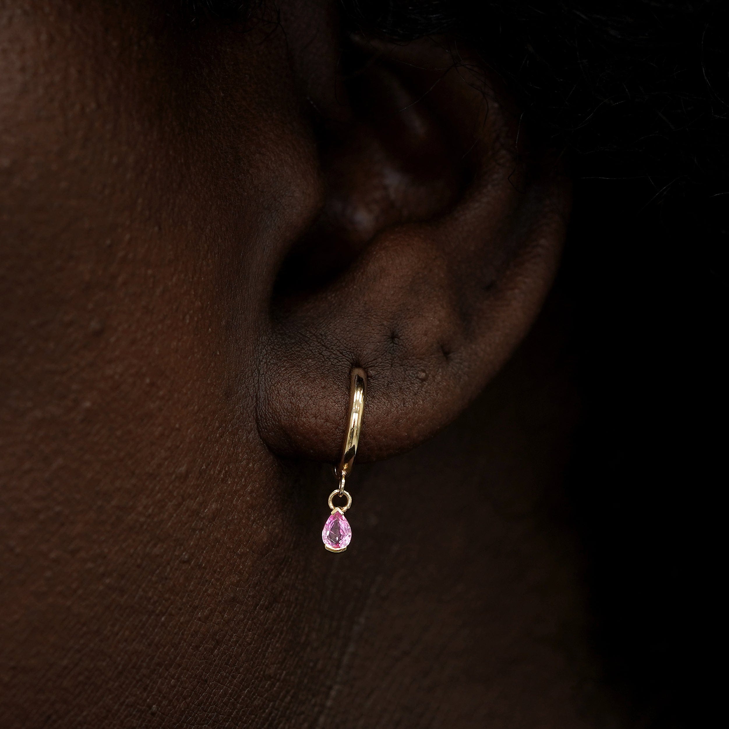Automic Gold Studio Pear Pink Sapphire Dangle Hoop