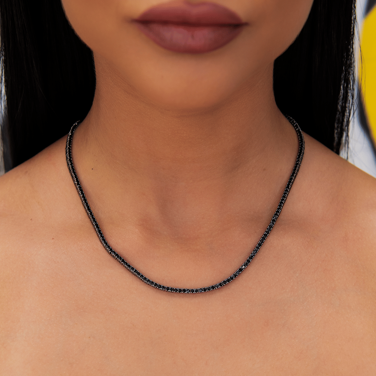 GLD Women Diamond Tennis Necklace in Black - 2 mm