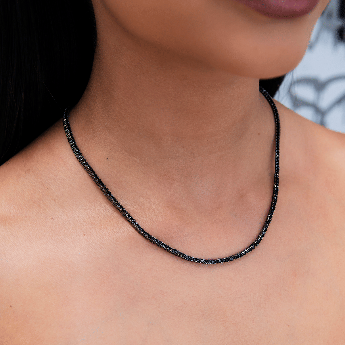 GLD Women Diamond Tennis Necklace in Black - 2 mm