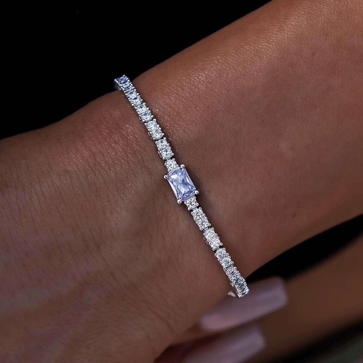 GLD Women Colored Iced Rock Tennis Set of Three Bracelets Bundle in White Gold - 2 mm