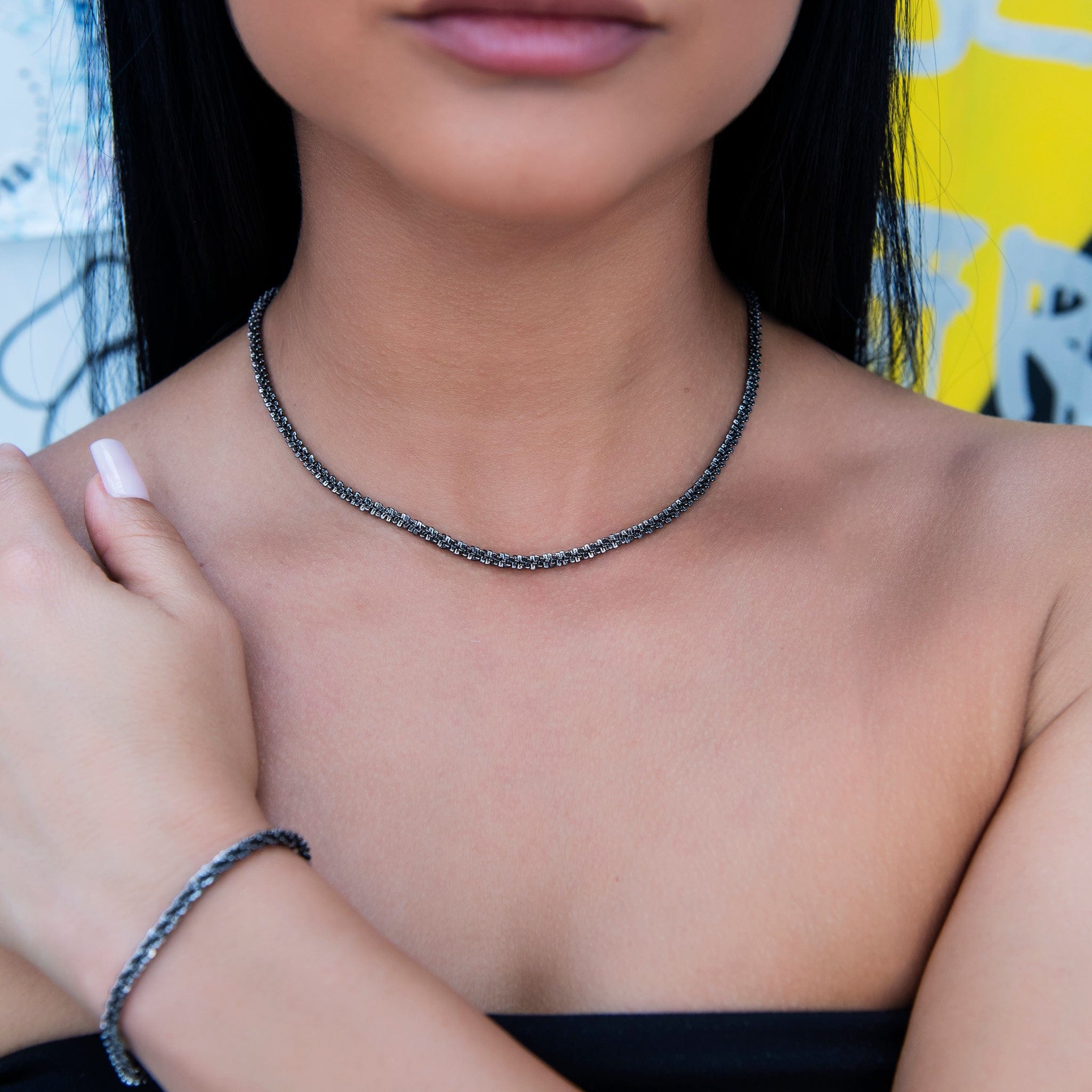 GLD Women Diamond Cut Popcorn Chain + Bracelet in Black - 4 mm