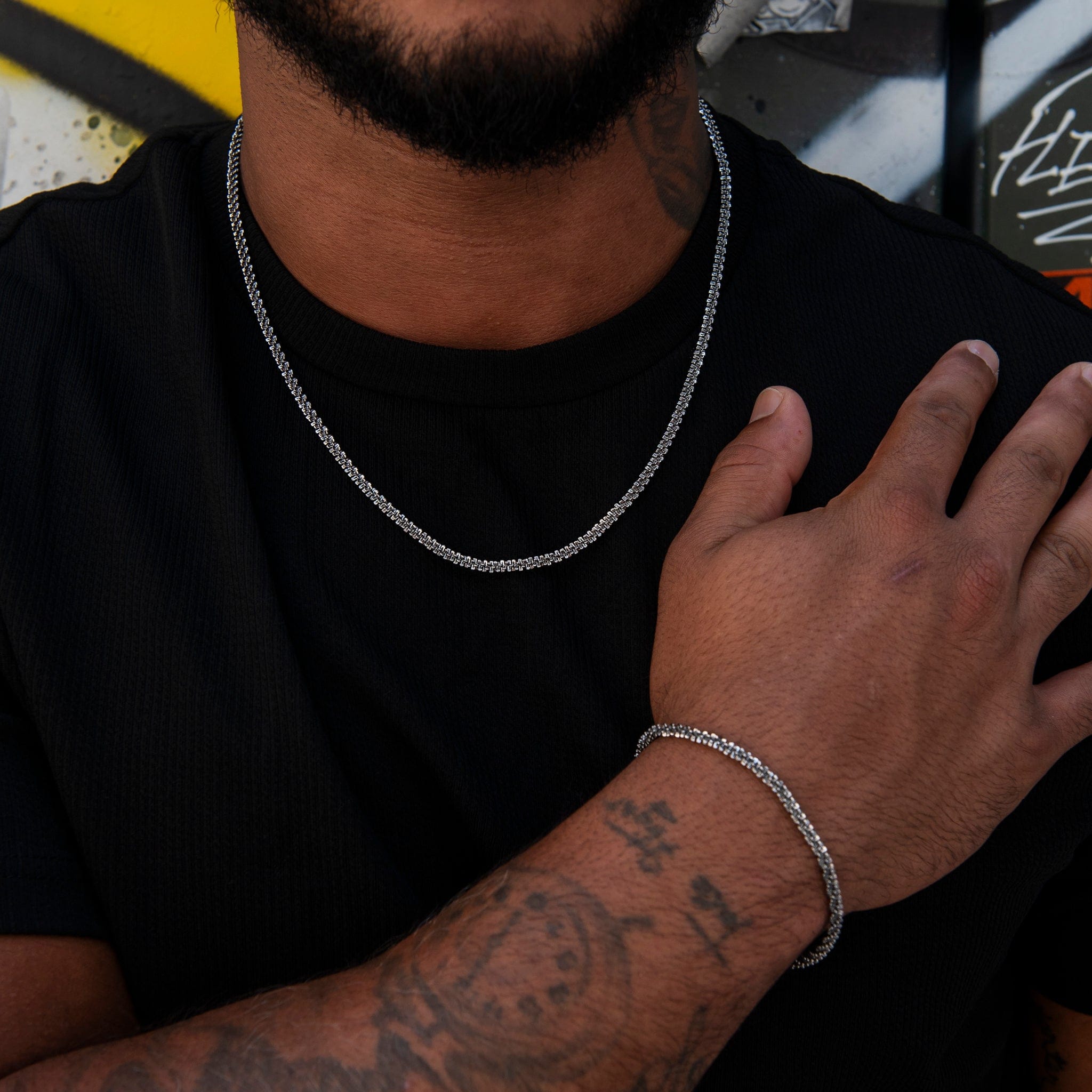 GLD Men Diamond Cut Popcorn Chain in Black + Bracelet in Black - 4 mm