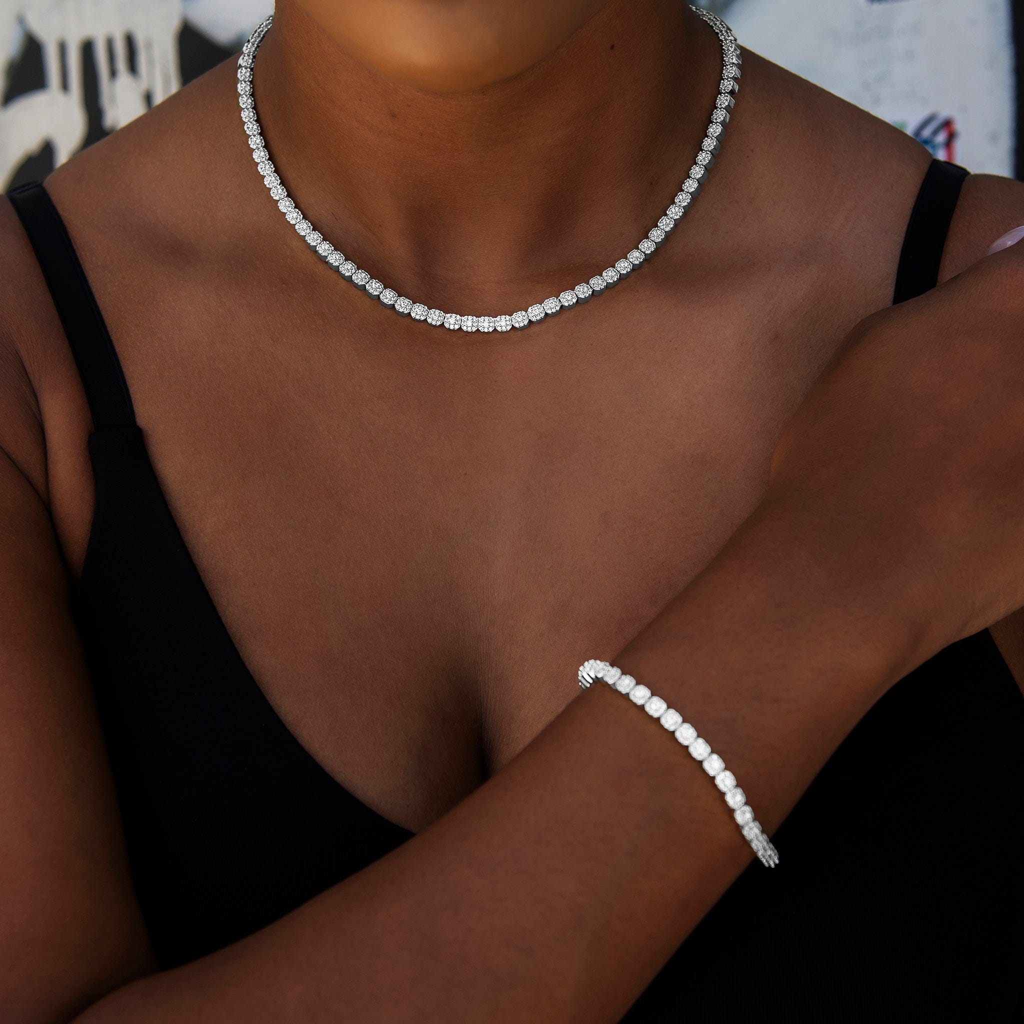 GLD Women Iced Mini Clustered Tennis Necklace + Bracelet Bundle in White Gold