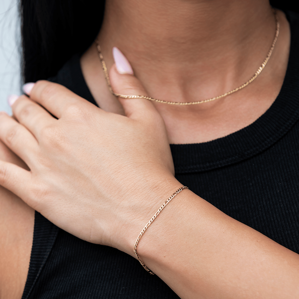 GLD Women Figaro Necklace + Bracelet Bundle in Yellow Gold - 2 mm