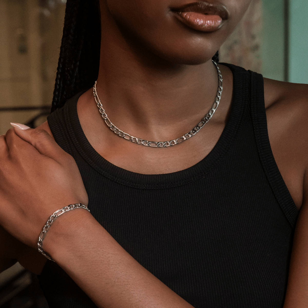 GLD Women Figaro Necklace + Bracelet Bundle in White Gold - 6 mm