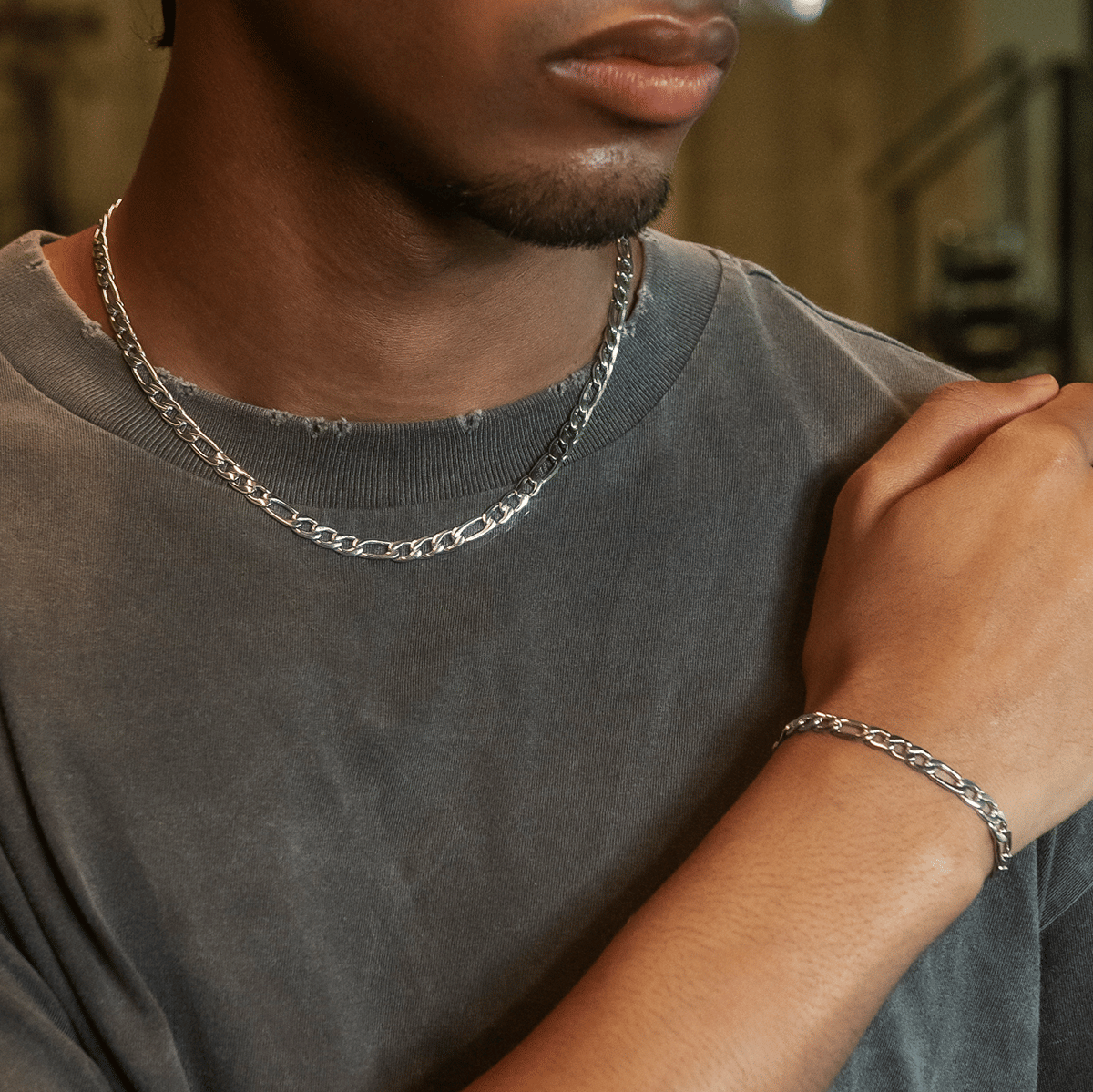 GLD Men Figaro Chain + Bracelet Bundle in White Gold - 6 mm