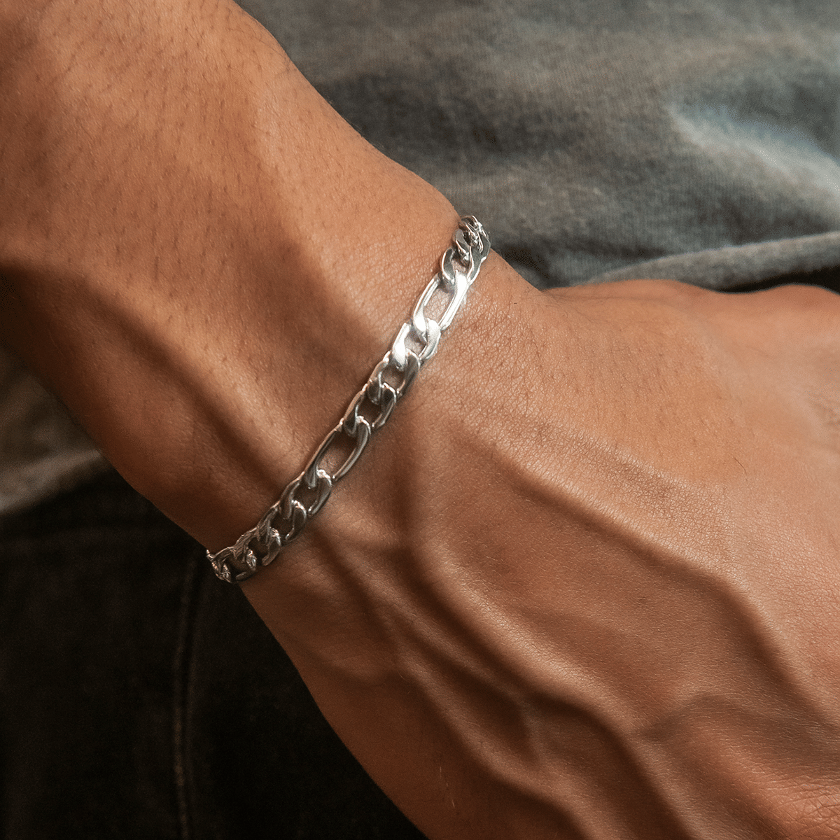 GLD Men Figaro Chain + Bracelet Bundle in White Gold - 6 mm