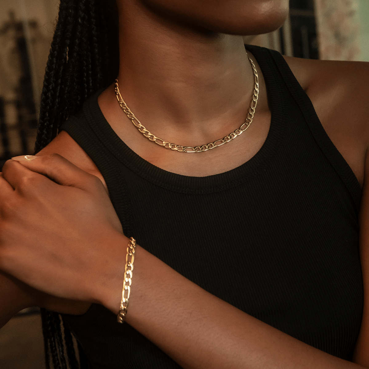 GLD Women Figaro Necklace + Bracelet Bundle in Yellow Gold - 6 mm