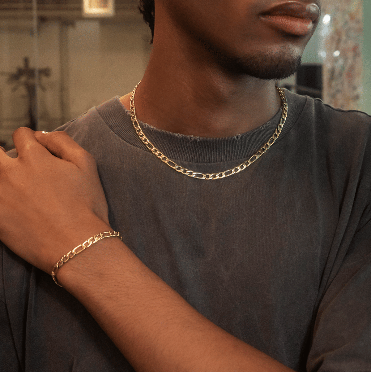 GLD Men Figaro Chain + Bracelet Bundle in Yellow Gold - 6 mm