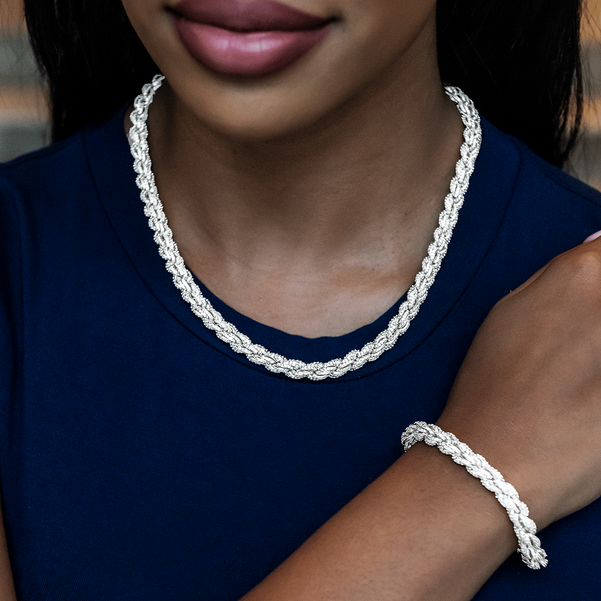GLD Women Diamond Rope Necklace + Bracelet Bundle in White Gold - 8 mm