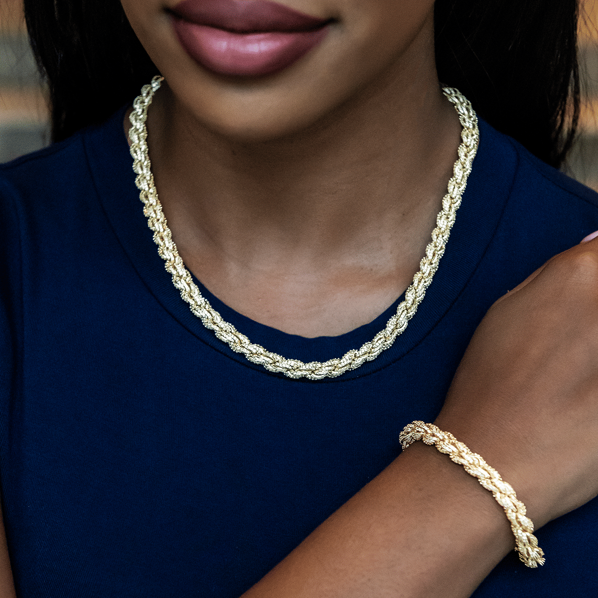 GLD Women Diamond Rope Necklace + Bracelet Bundle in Yellow Gold - 8 mm