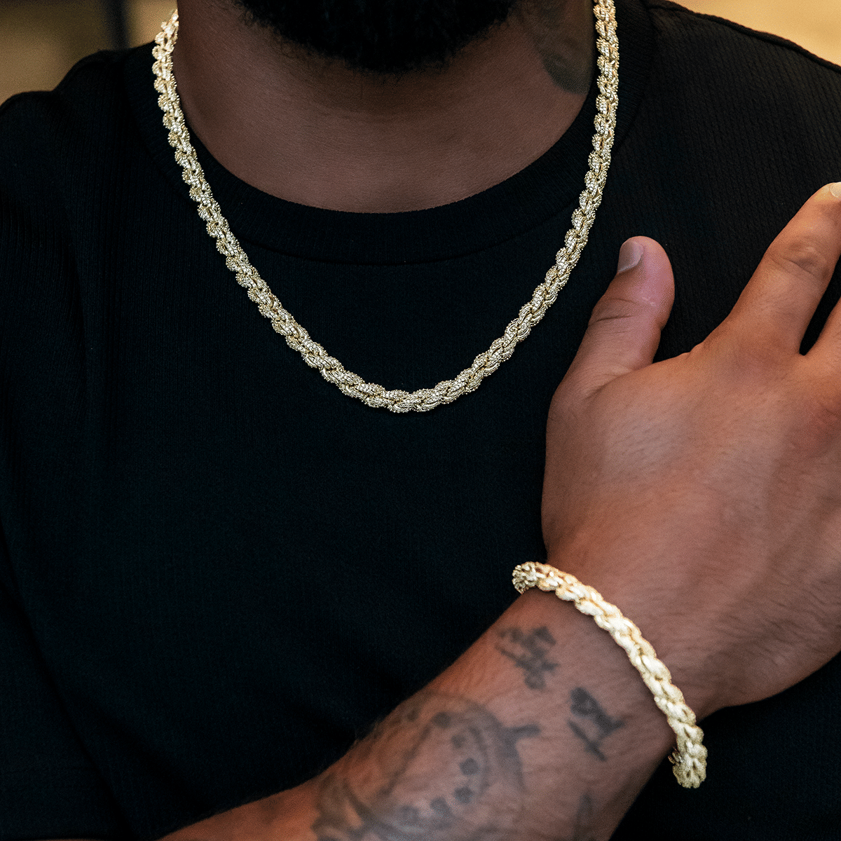 GLD Men Diamond Rope Chain + Bracelet Bundle in Yellow Gold - 7 mm