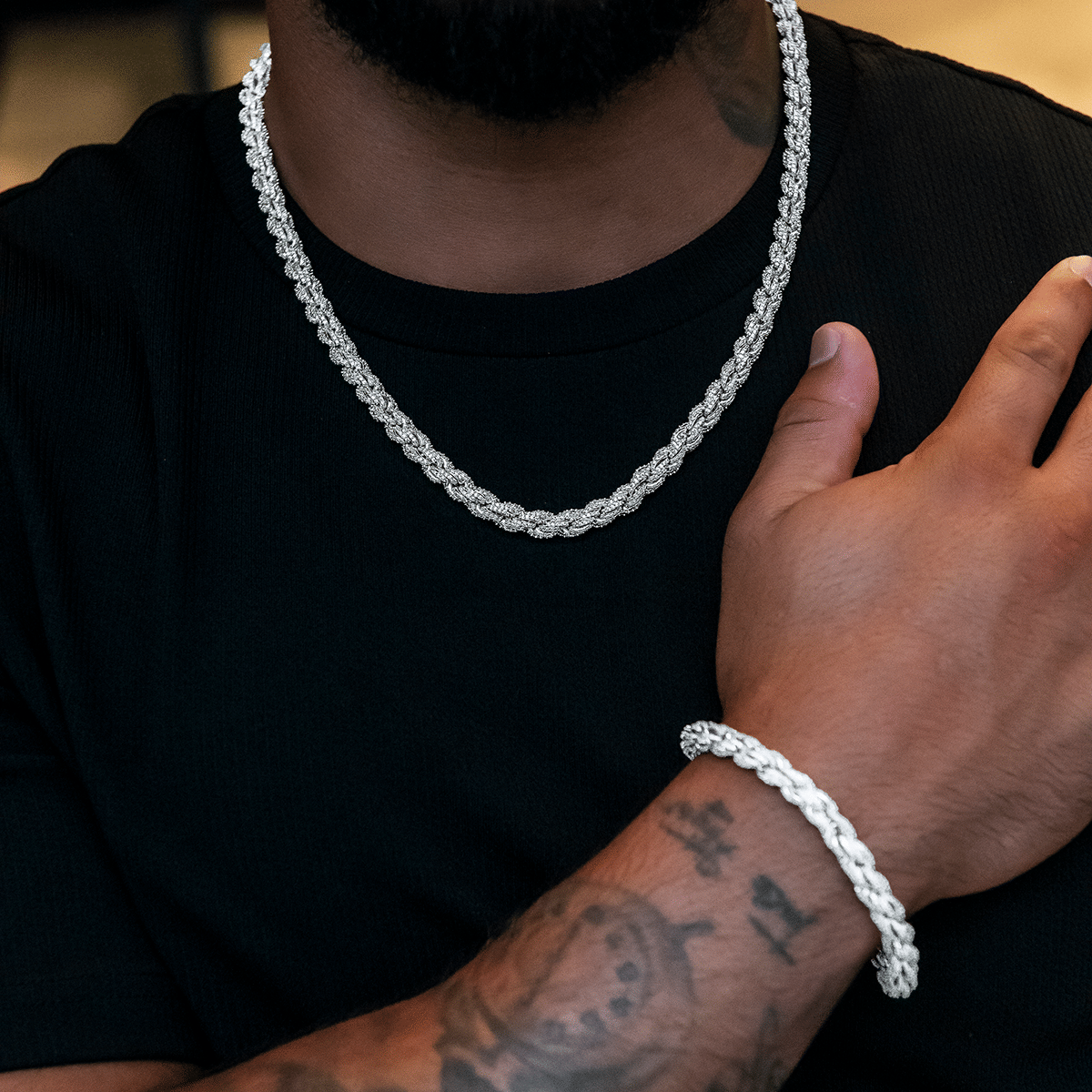 GLD Men Diamond Rope Chain + Bracelet Bundle in White Gold - 7 mm