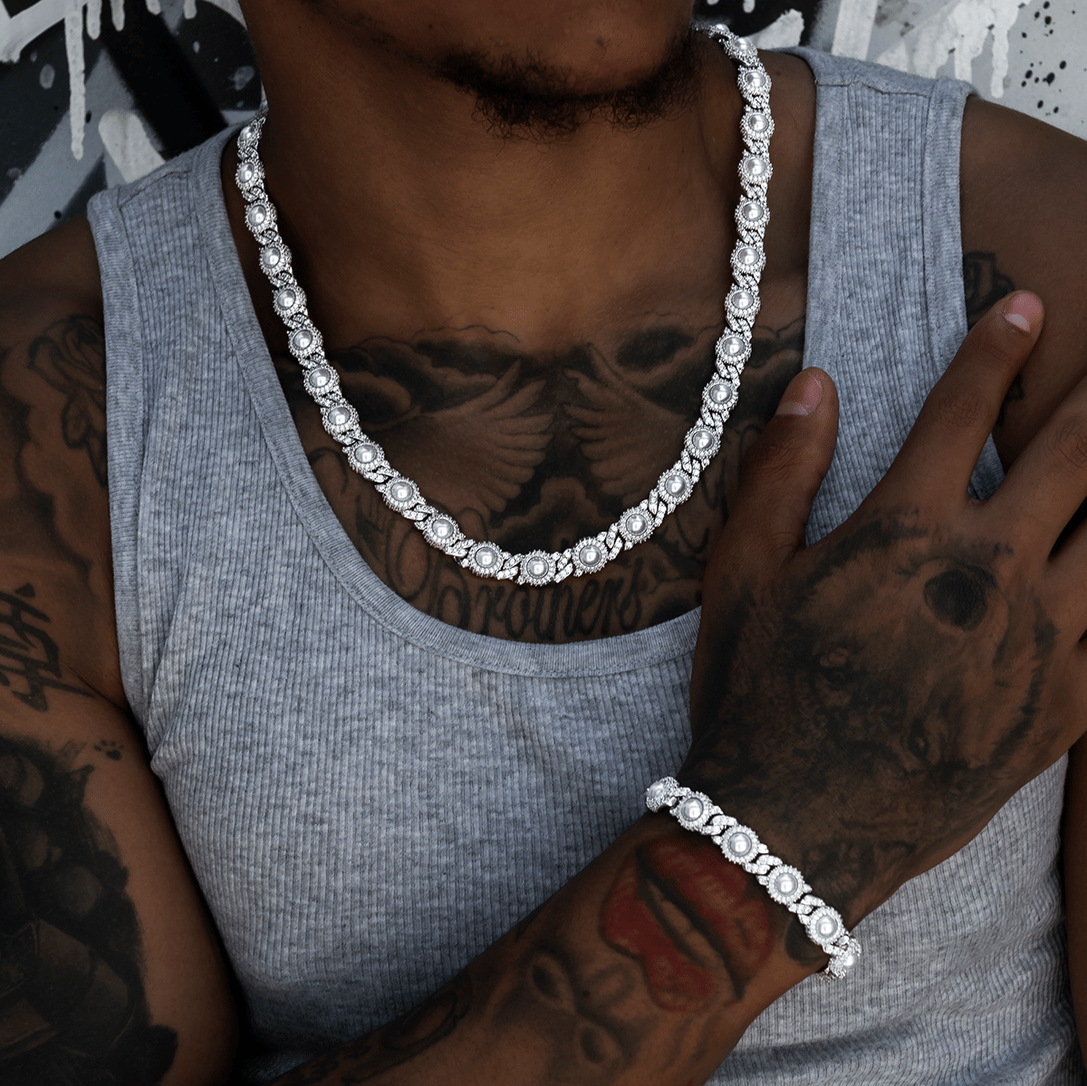 GLD Men Iced Halo Cuban Chain + Bracelet with Pearls Bundle in White Gold