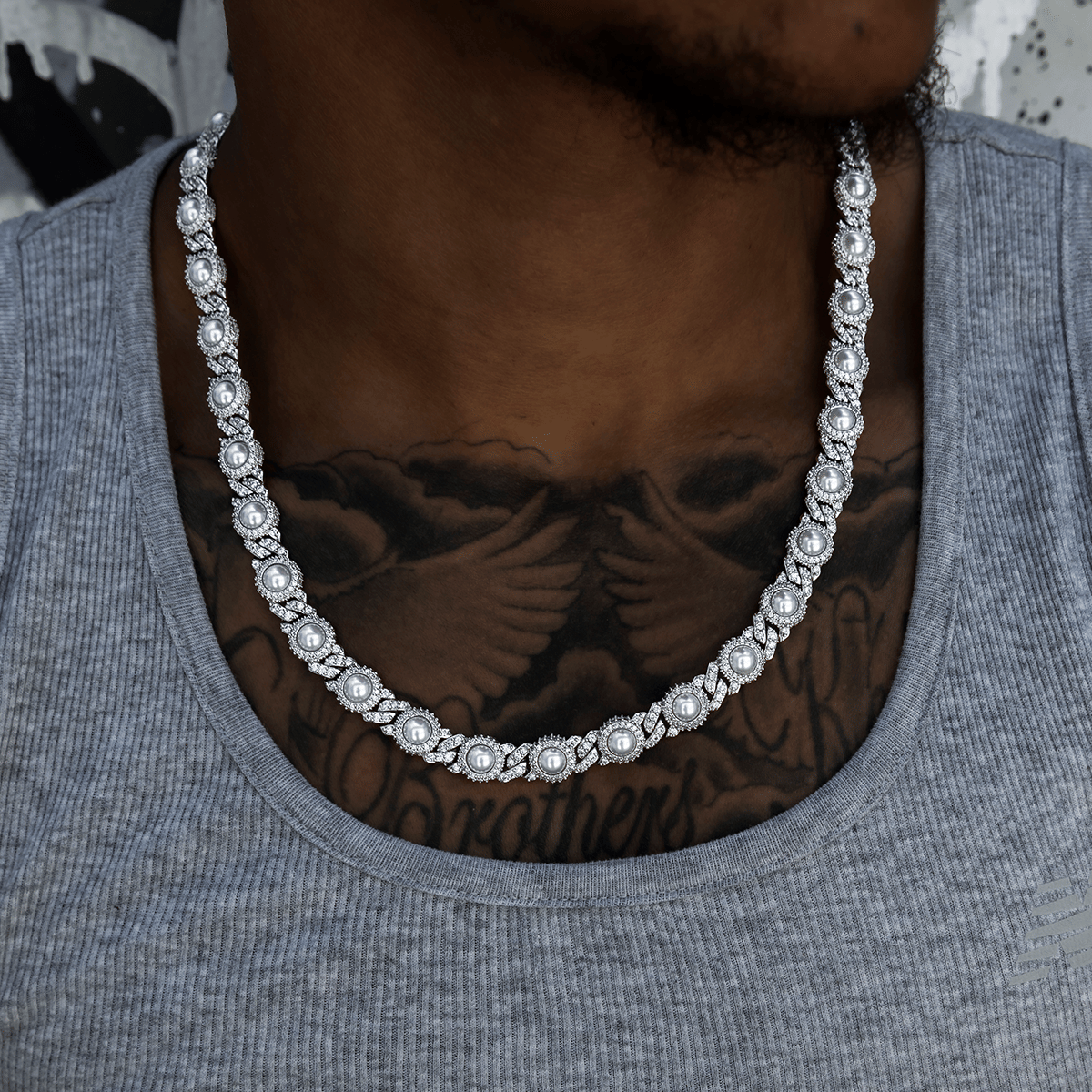 GLD Men Iced Halo Cuban Chain + Bracelet with Pearls Bundle in White Gold