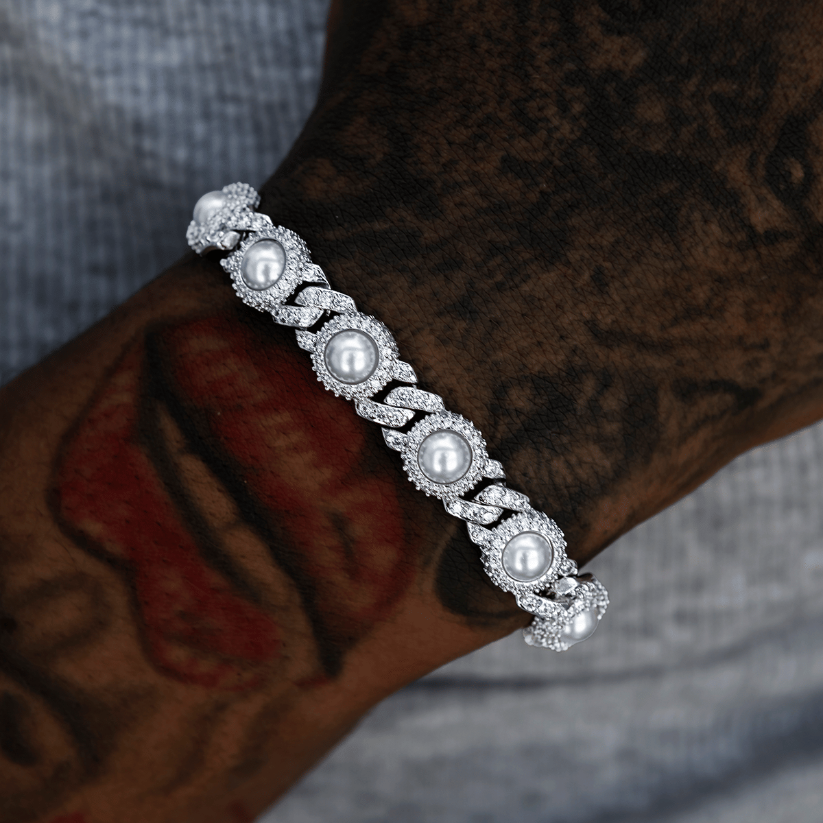 GLD Men Iced Halo Cuban Chain + Bracelet with Pearls Bundle in White Gold