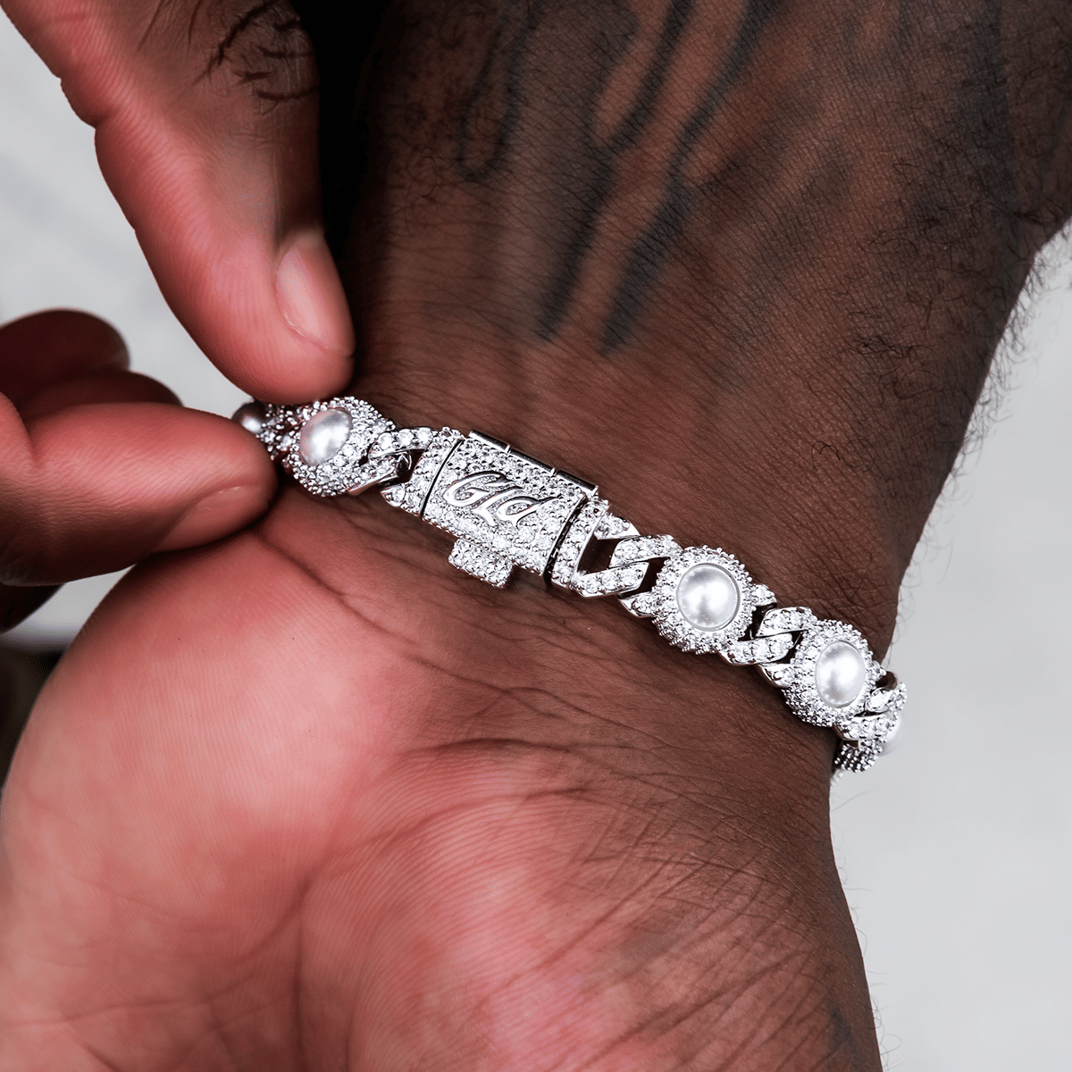GLD Men Iced Halo Cuban Chain + Bracelet with Pearls Bundle in White Gold