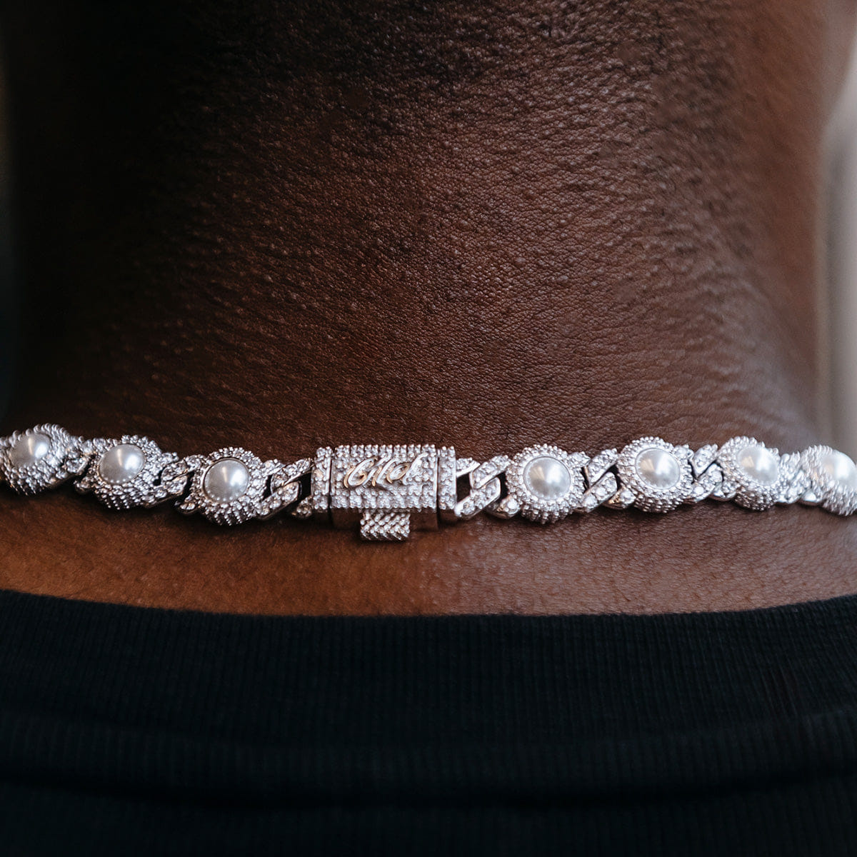 GLD Men Iced Halo Cuban Chain + Bracelet with Pearls Bundle in White Gold