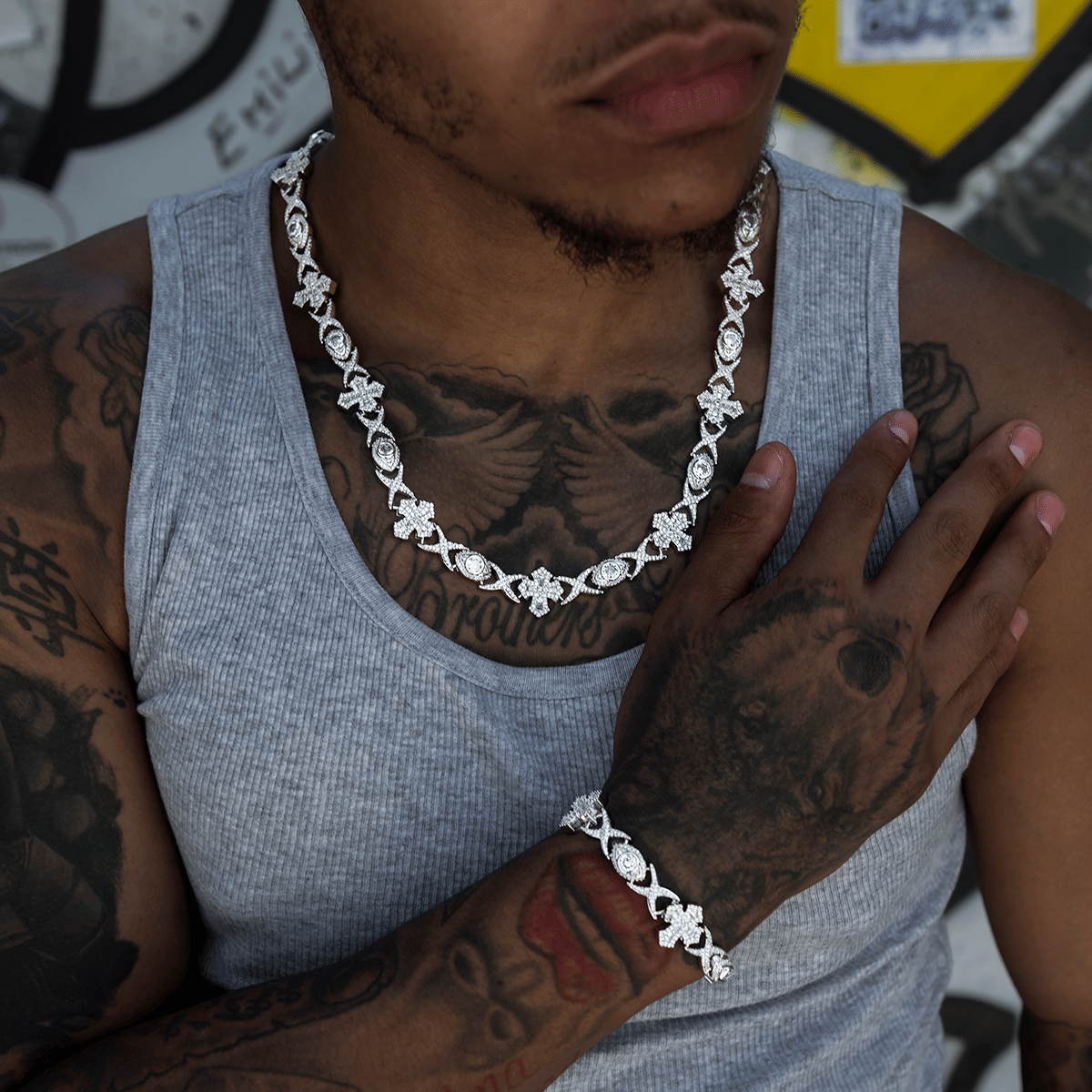 GLD Men Baguette Cross Evil Eye Chain + Bracelet in White Gold