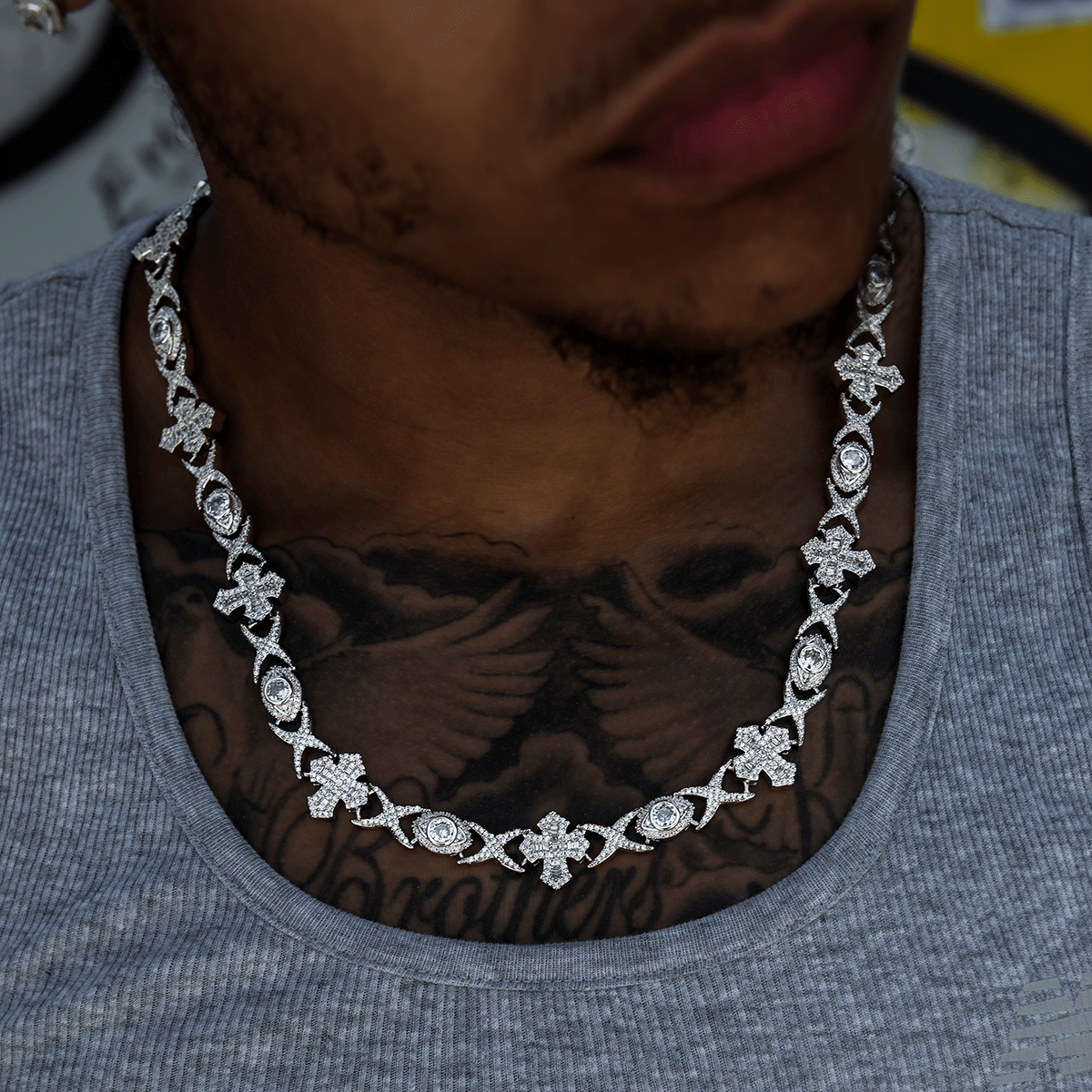 GLD Men Baguette Cross Evil Eye Chain + Bracelet in White Gold
