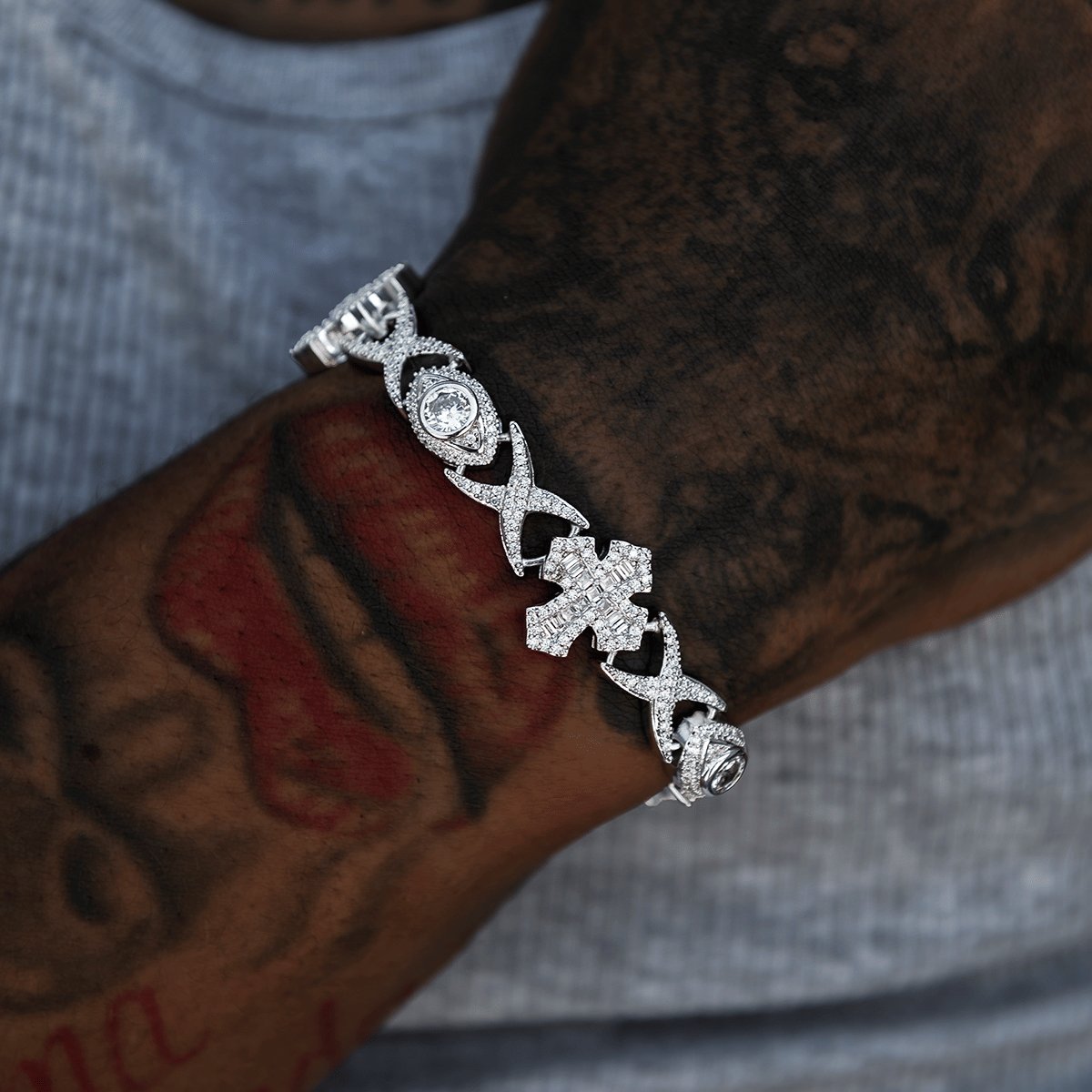 GLD Men Baguette Cross Evil Eye Chain + Bracelet in White Gold