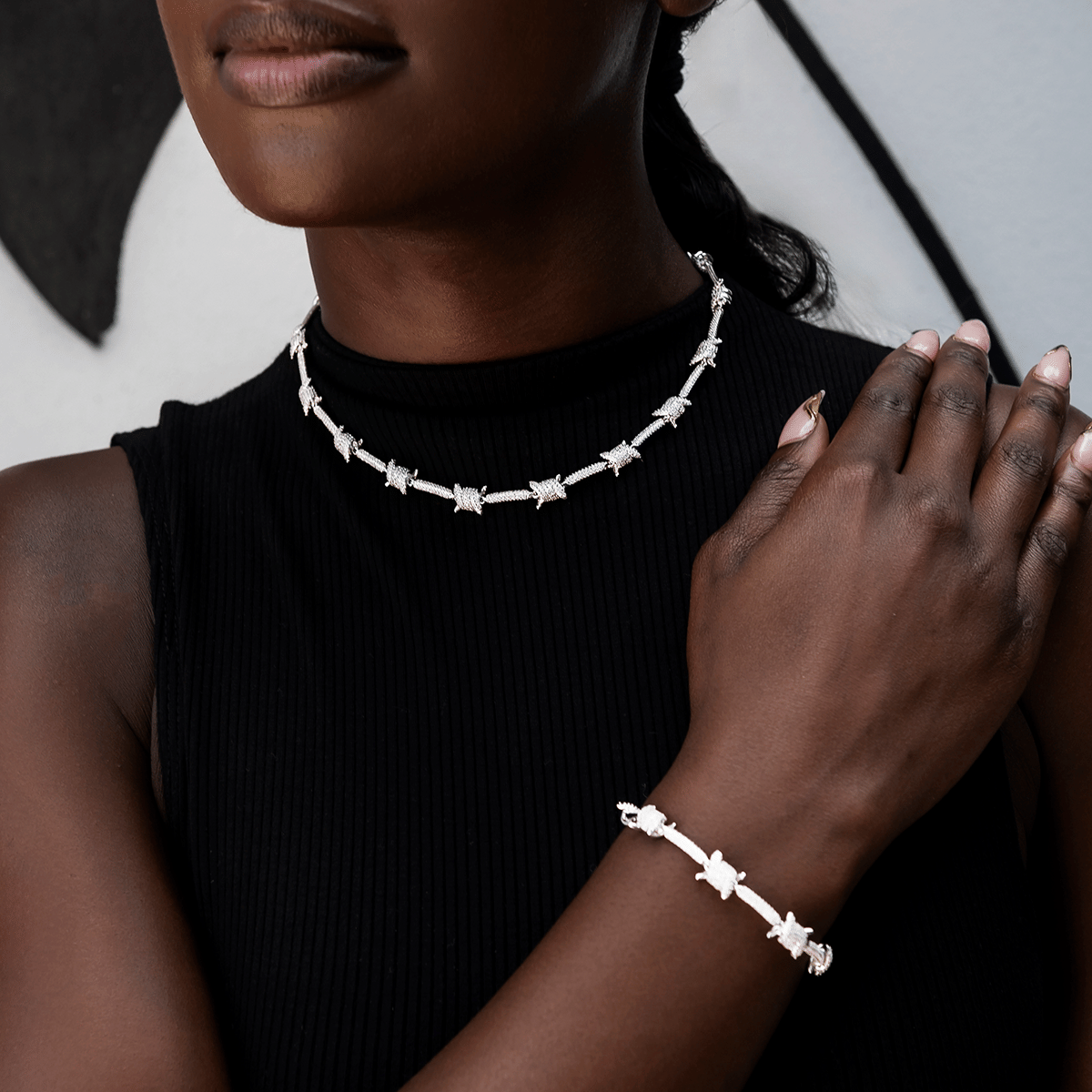 GLD Women Iced Barbed Wire Necklace + Bracelet Bundle in White Gold
