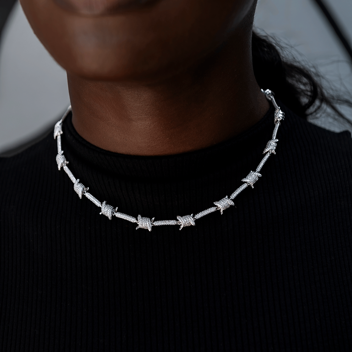 GLD Women Iced Barbed Wire Necklace + Bracelet Bundle in White Gold