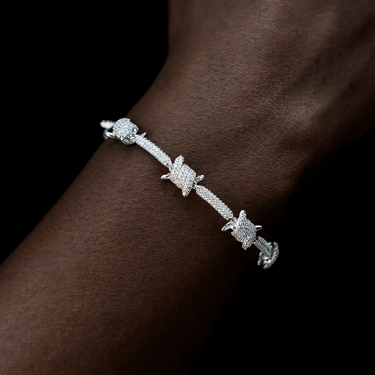 GLD Women Iced Barbed Wire Necklace + Bracelet Bundle in White Gold