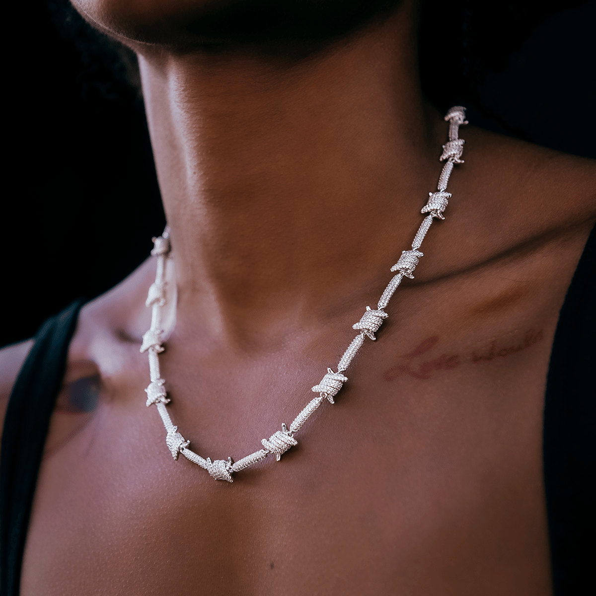 GLD Women Iced Barbed Wire Necklace + Bracelet Bundle in White Gold