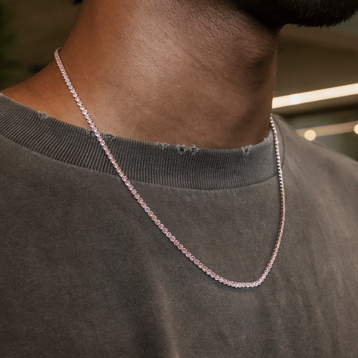 GLD Men Pink Diamond Micro Tennis Chain + Bracelet Bundle in White Gold