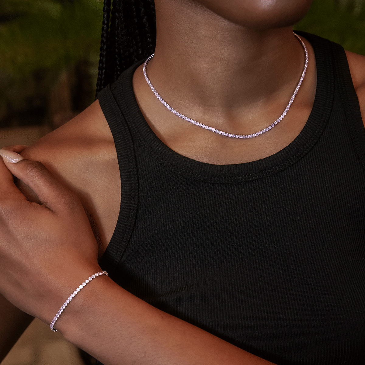 GLD Women Pink Diamond Micro Tennis Necklace + Bracelet Bundle in White Gold